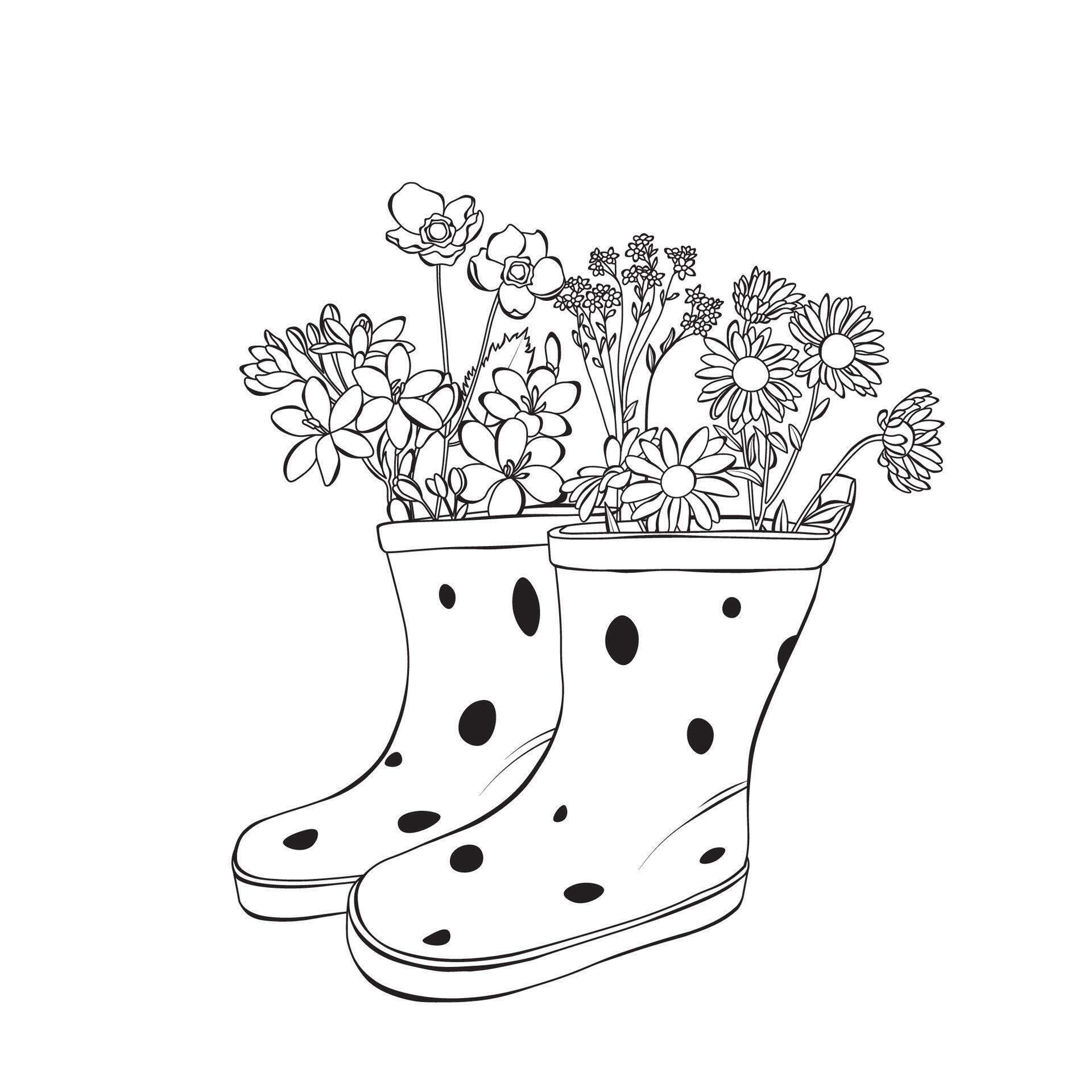 Rainboots and flowers line art outline illustration on white background Stock Free