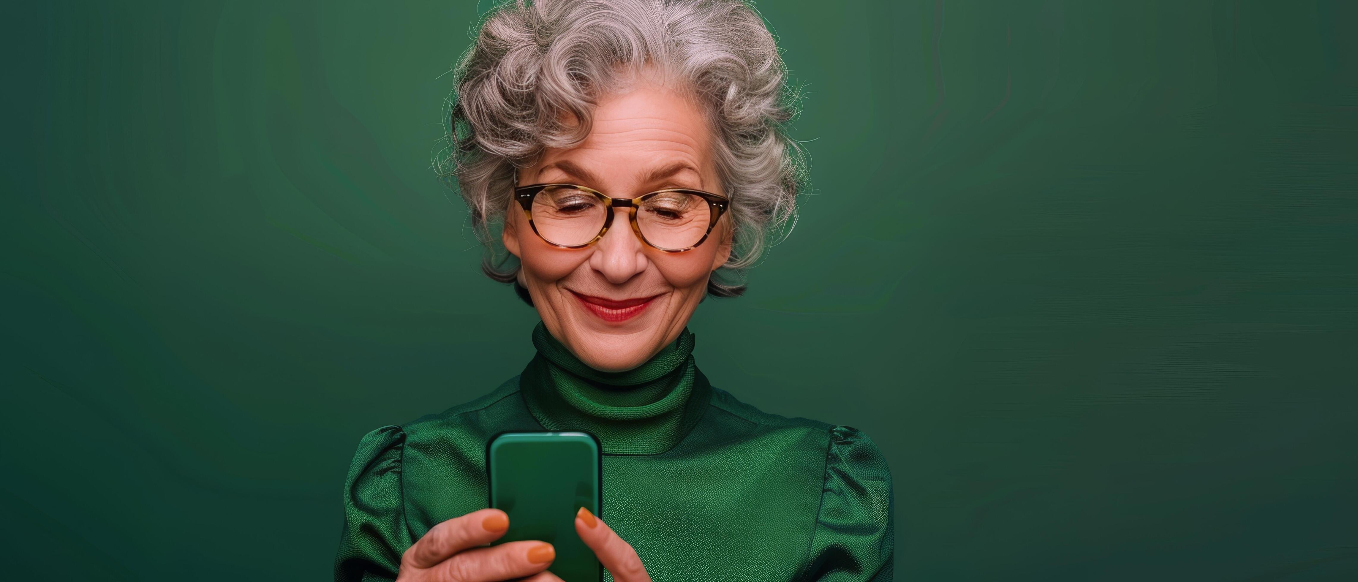 Smiling Senior Woman Using Smartphone Against Green Background Stock Free