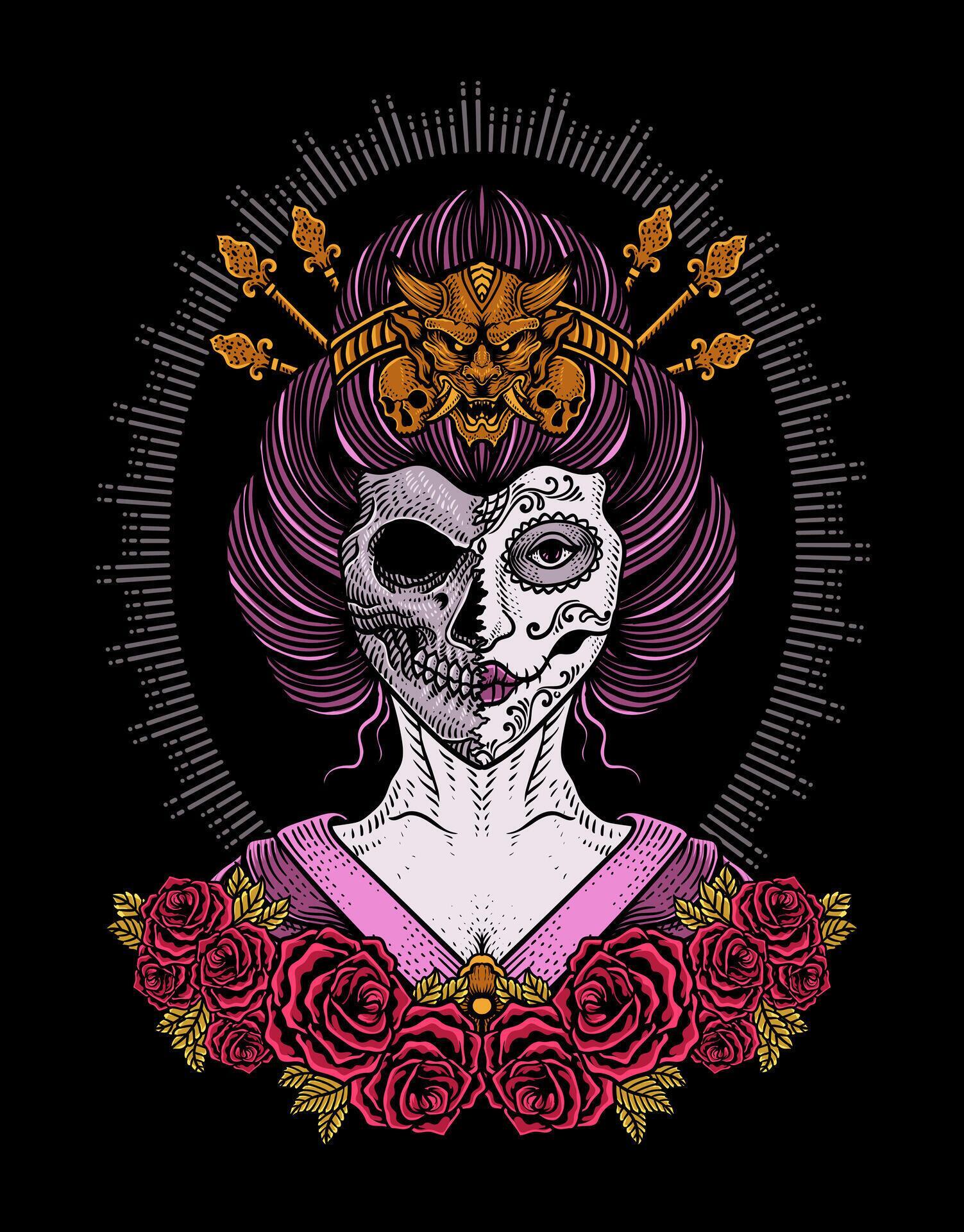 Illustration vector geisha sugar skull lady with rose flowers, Tattoo design, vector illustration Stock Free