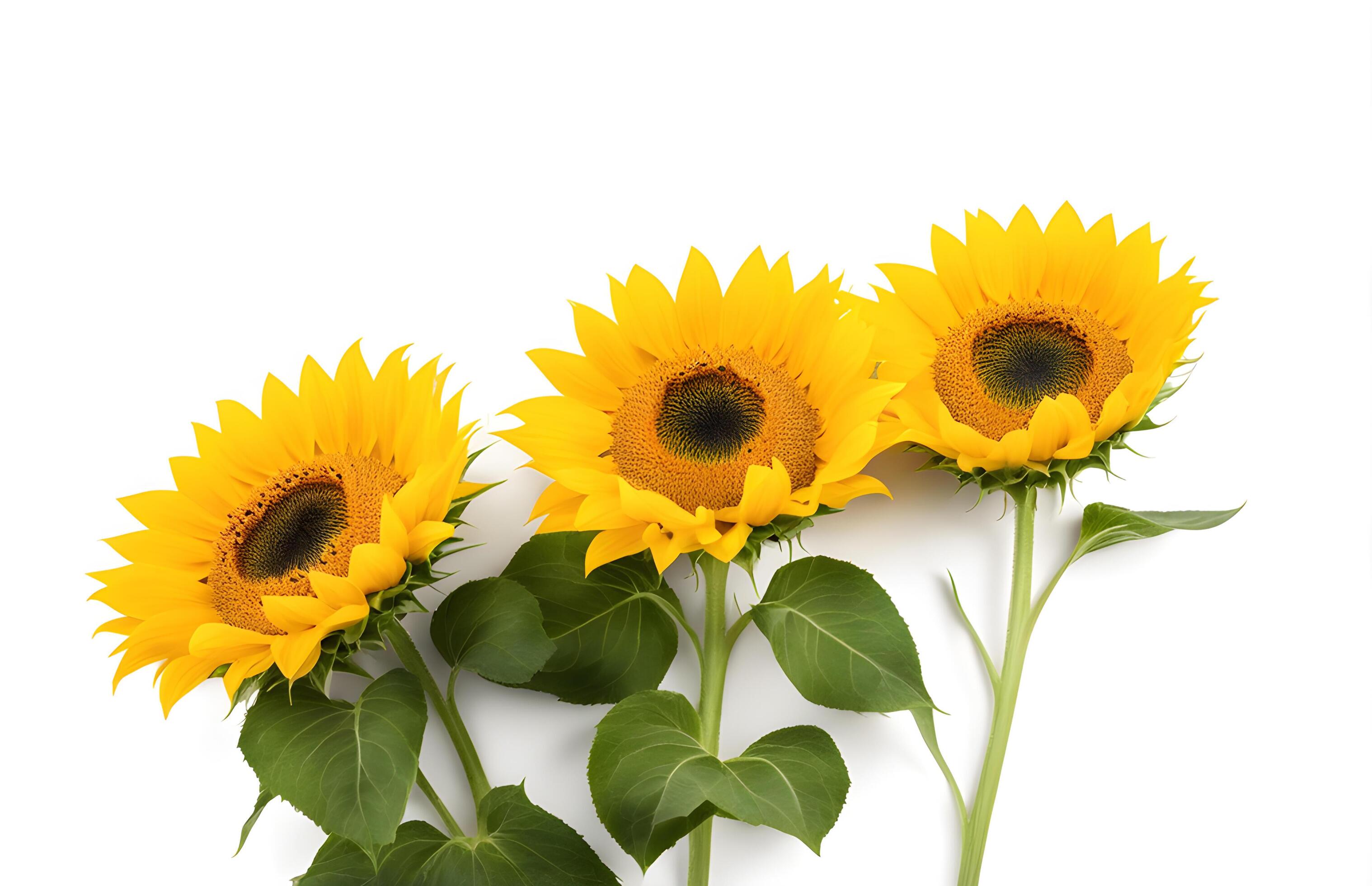 Top view of three sunflower isolated on white background. Seeds and oil. Flat lay flowers object on center composition, Clipping path Stock Free