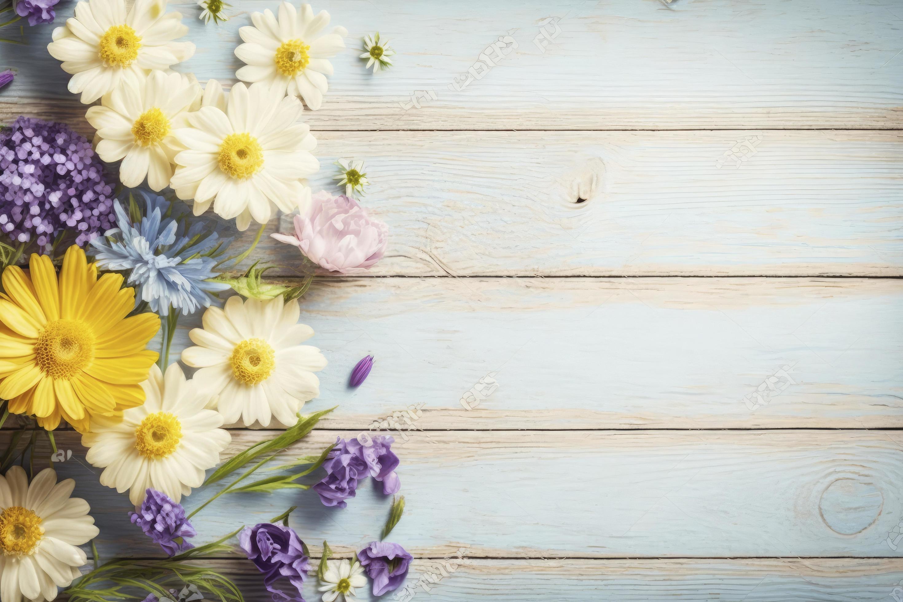 Garden flowers over wooden background stock photo Springtime, generate ai Stock Free