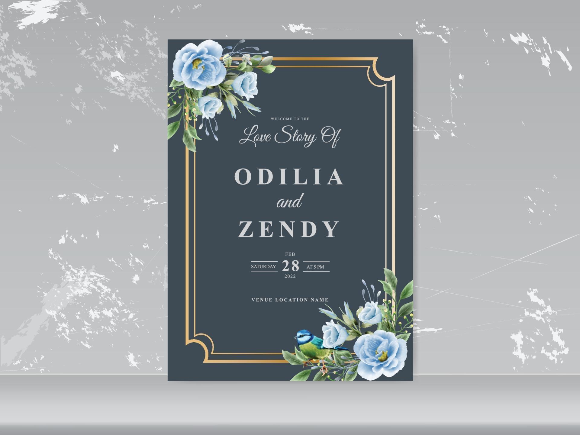 wedding card set blue floral and bird Stock Free