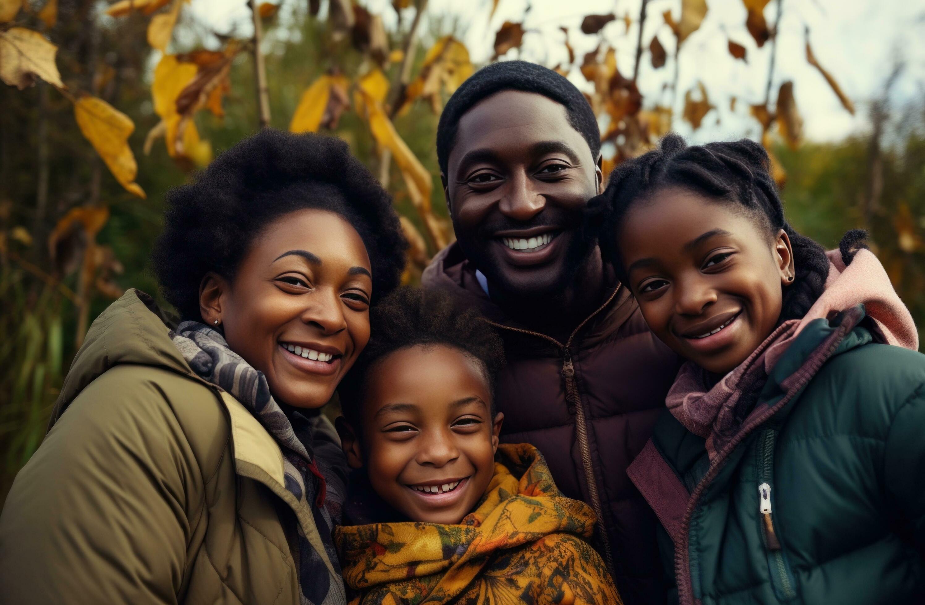 AI generated a black family poses outdoors enjoying the outdoors Stock Free