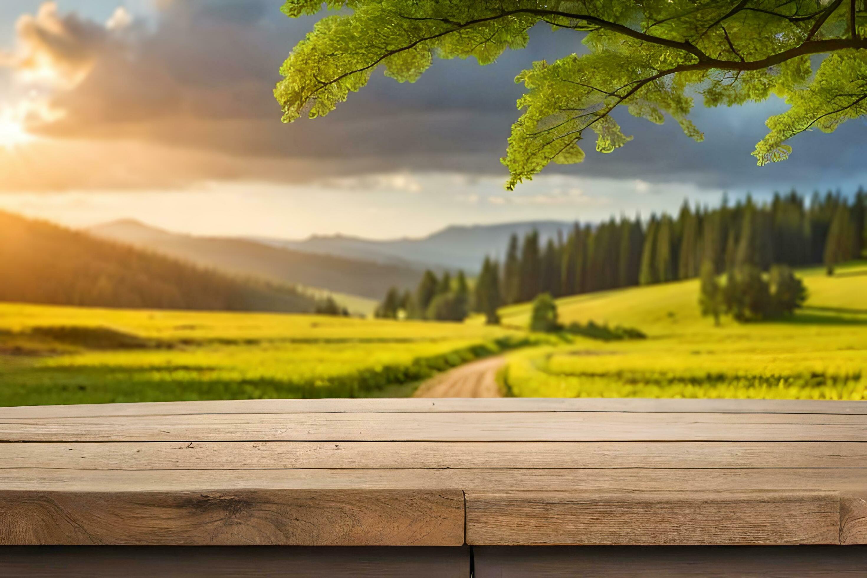 A rustic wood table in the middle of a nature background for product Display Stock Free