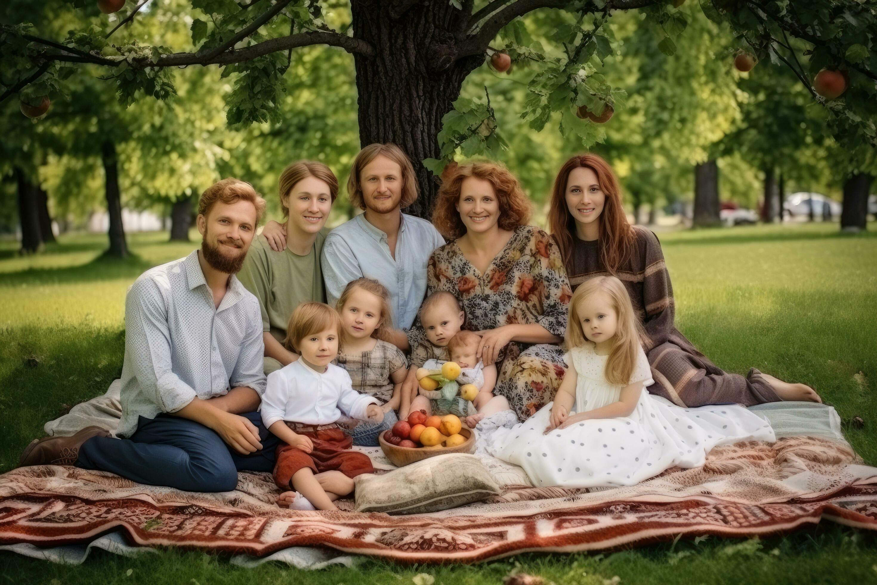 AI generated A large family of four sits on a plaid in the park, big crowd of people in the new york subway metro in rush hour, AI Generated Stock Free