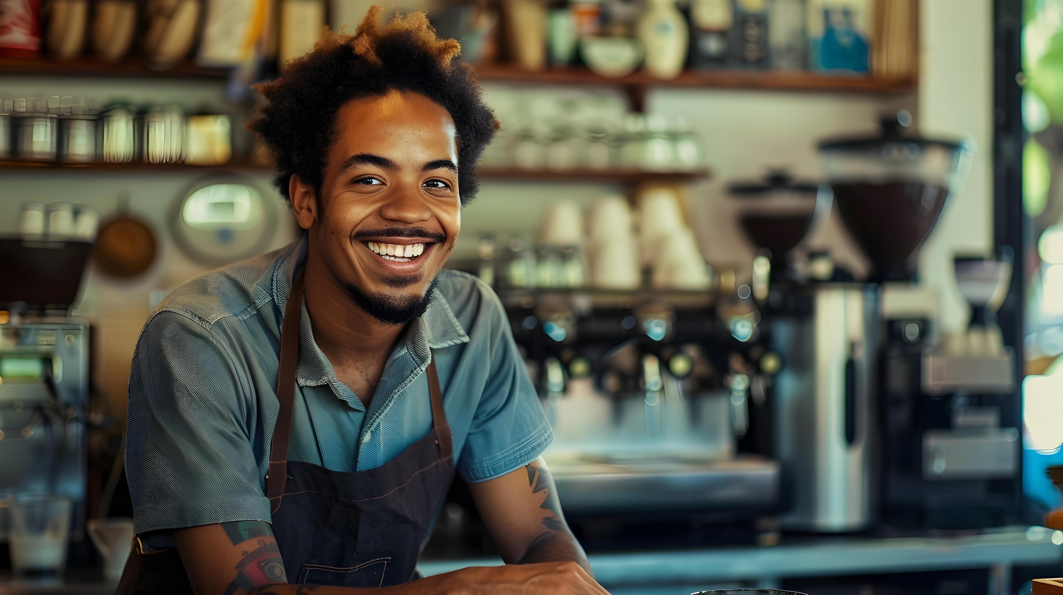 Cheerful Barista Serving Customers at Cozy Neighborhood Cafe Stock Free