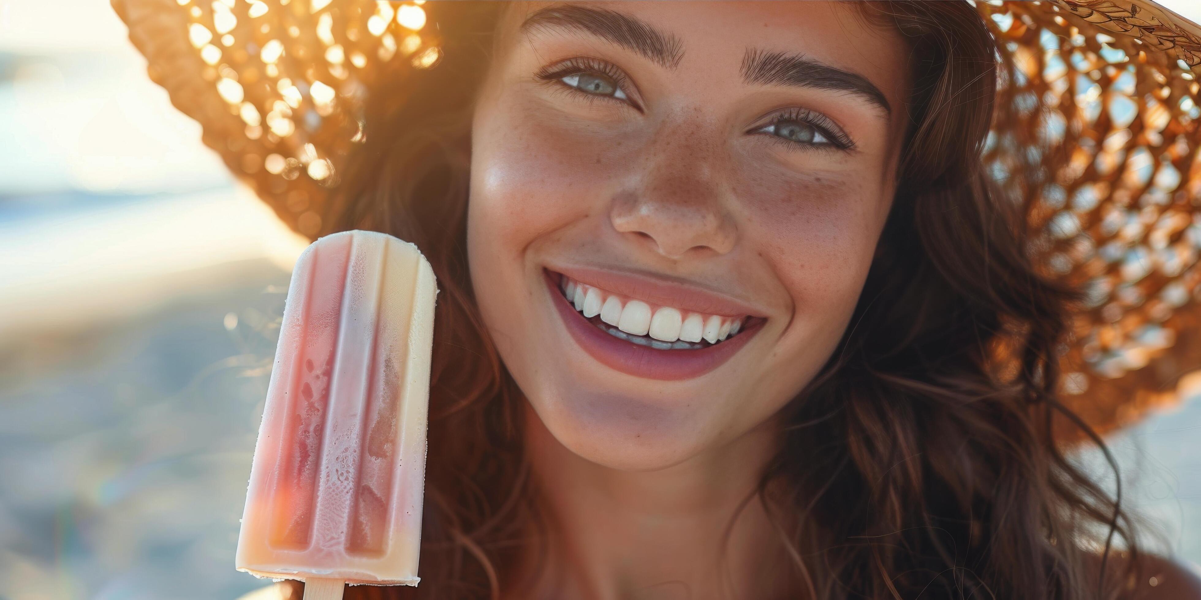 Happy Woman Enjoying Summer Ice Cream on Beach Stock Free