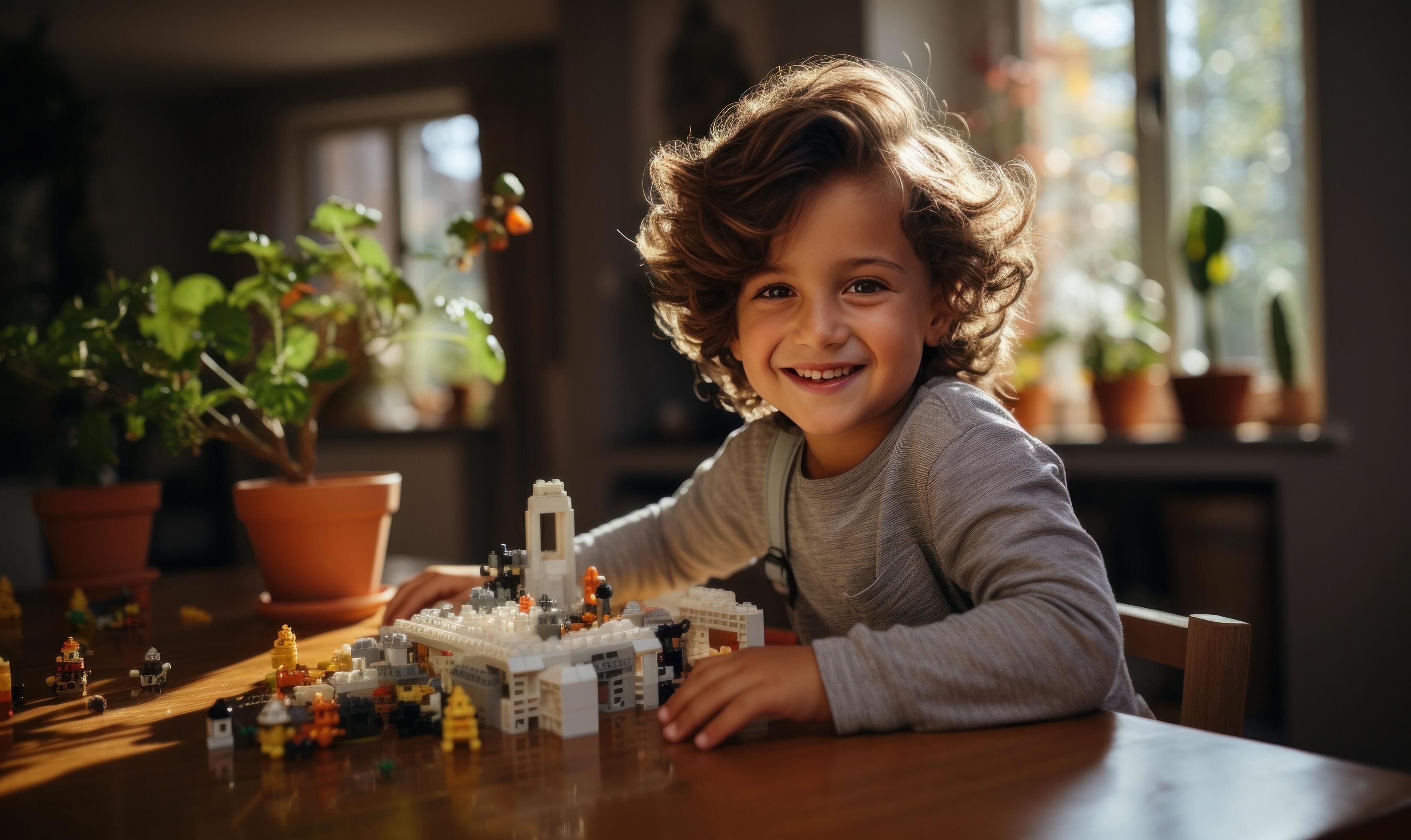 AI generated happy family man with his son playing on the table Stock Free