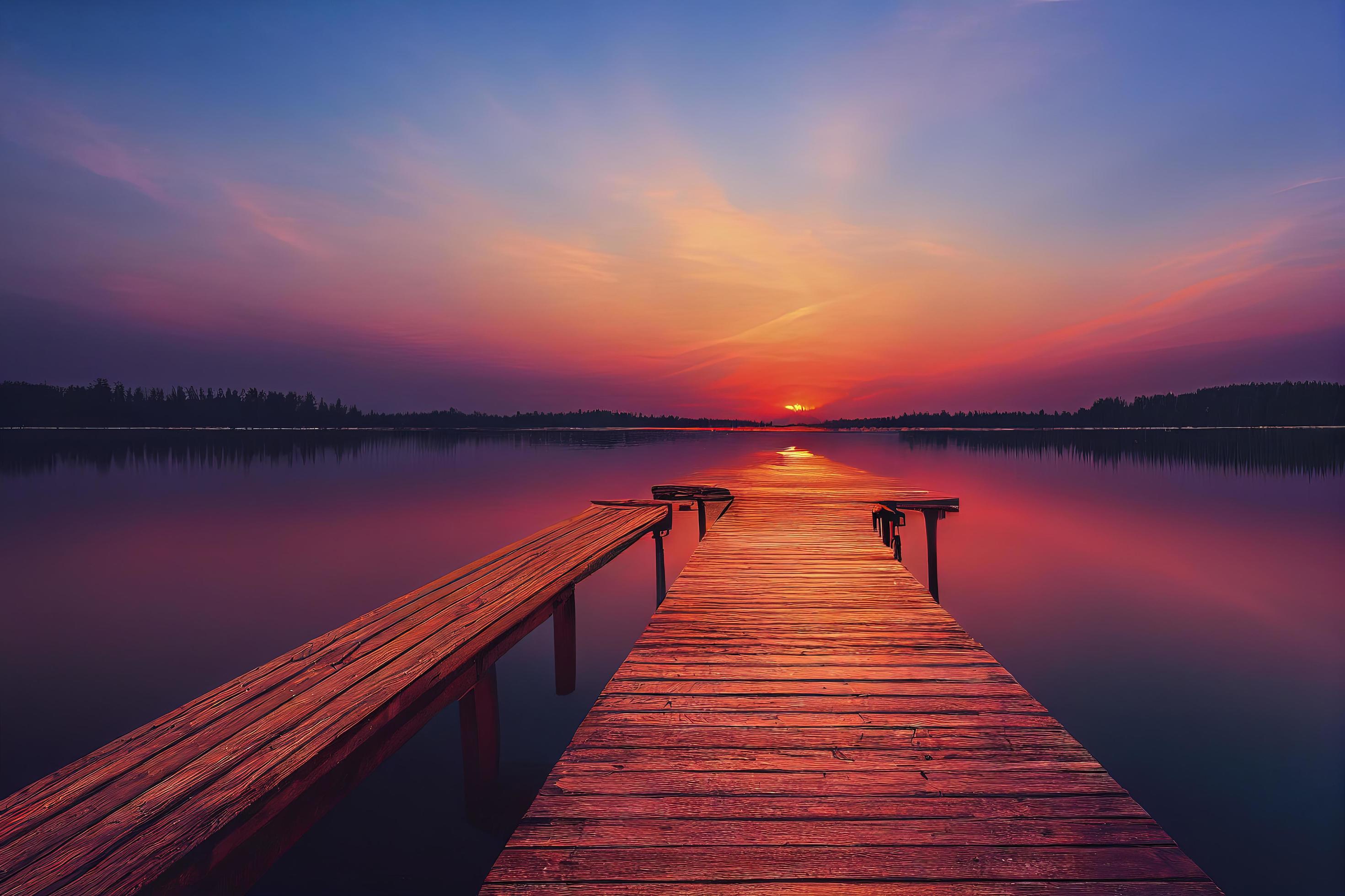 colorfull wooden pier on a lake that is totally calm during sunset Stock Free