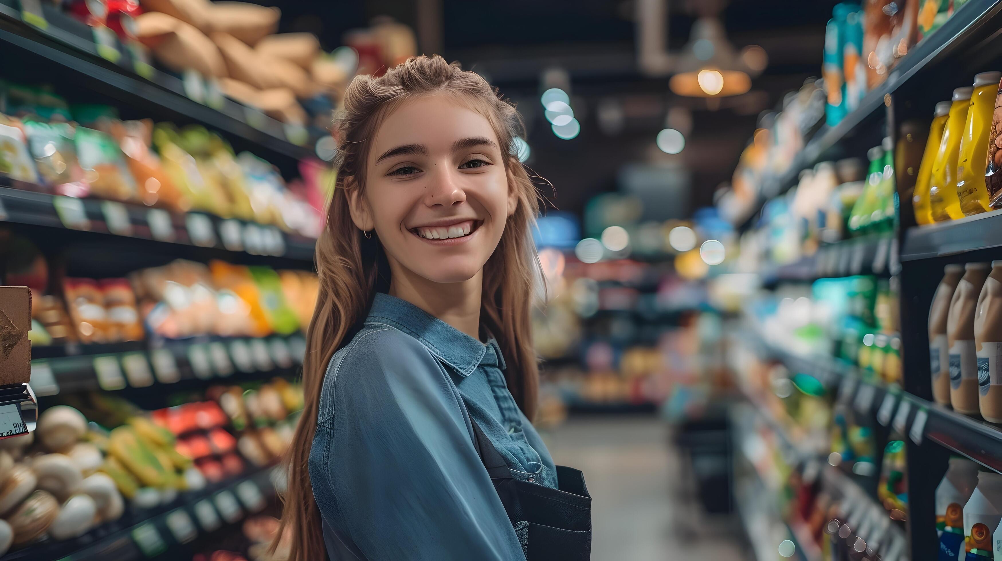 Cheerful Young Merchandising Associate Smiling in Supermarket Aisle Stock Free