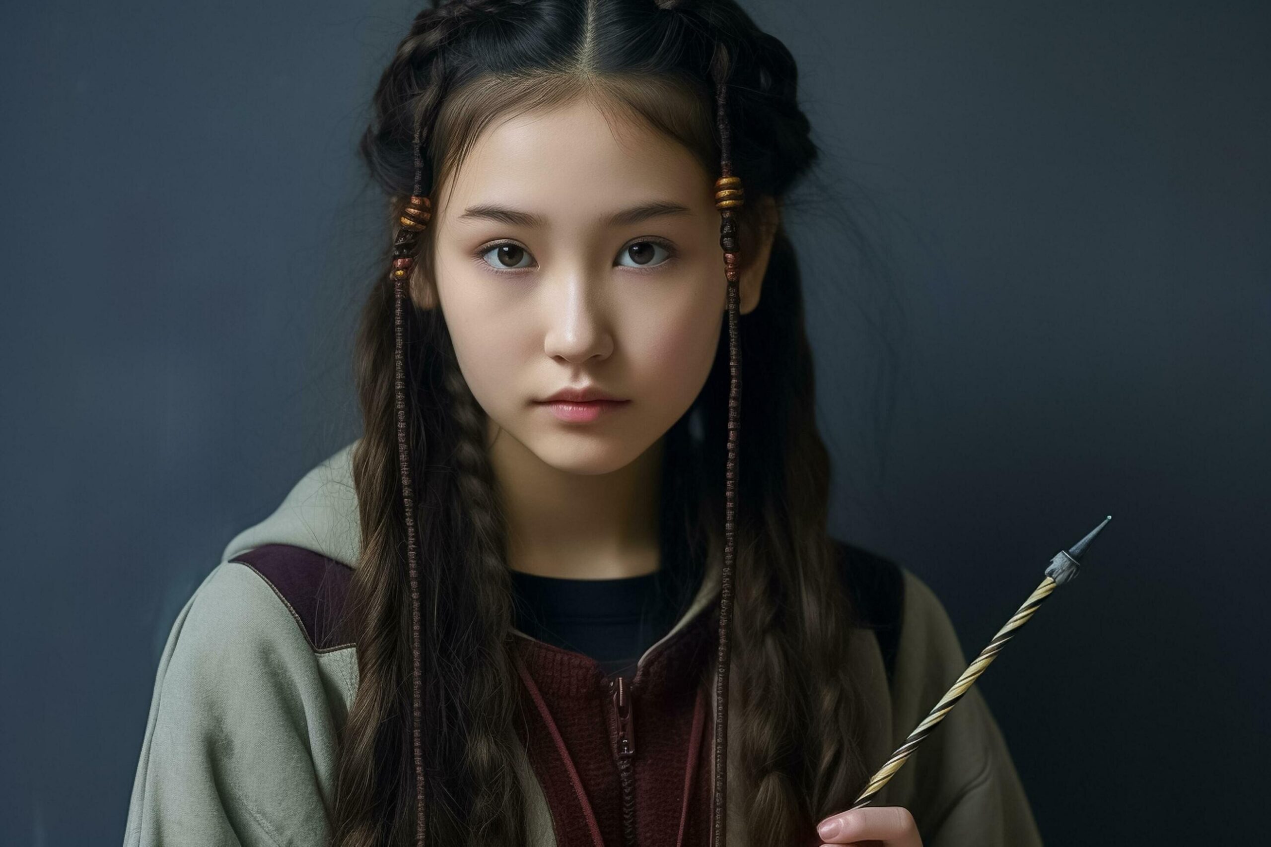 photo serious contemplating asian girl with combed plaits, holds notebook and pencil.AI Generated Free Photo