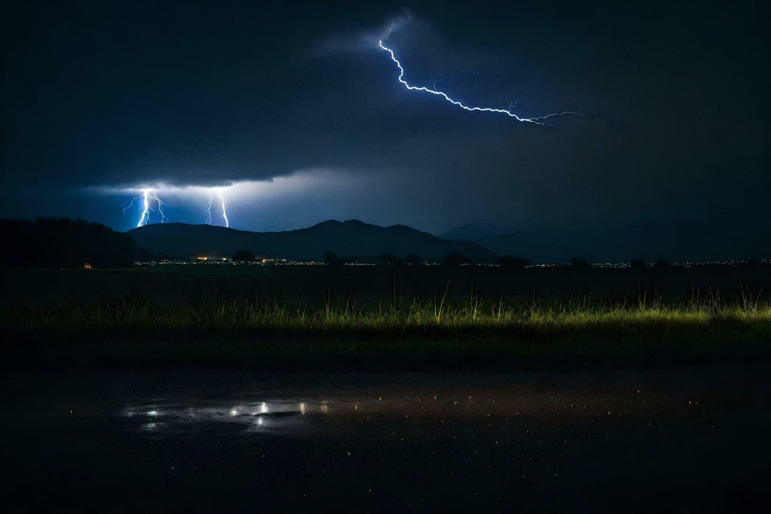 lightning strikes over a field with a mountain in the background Free Photo