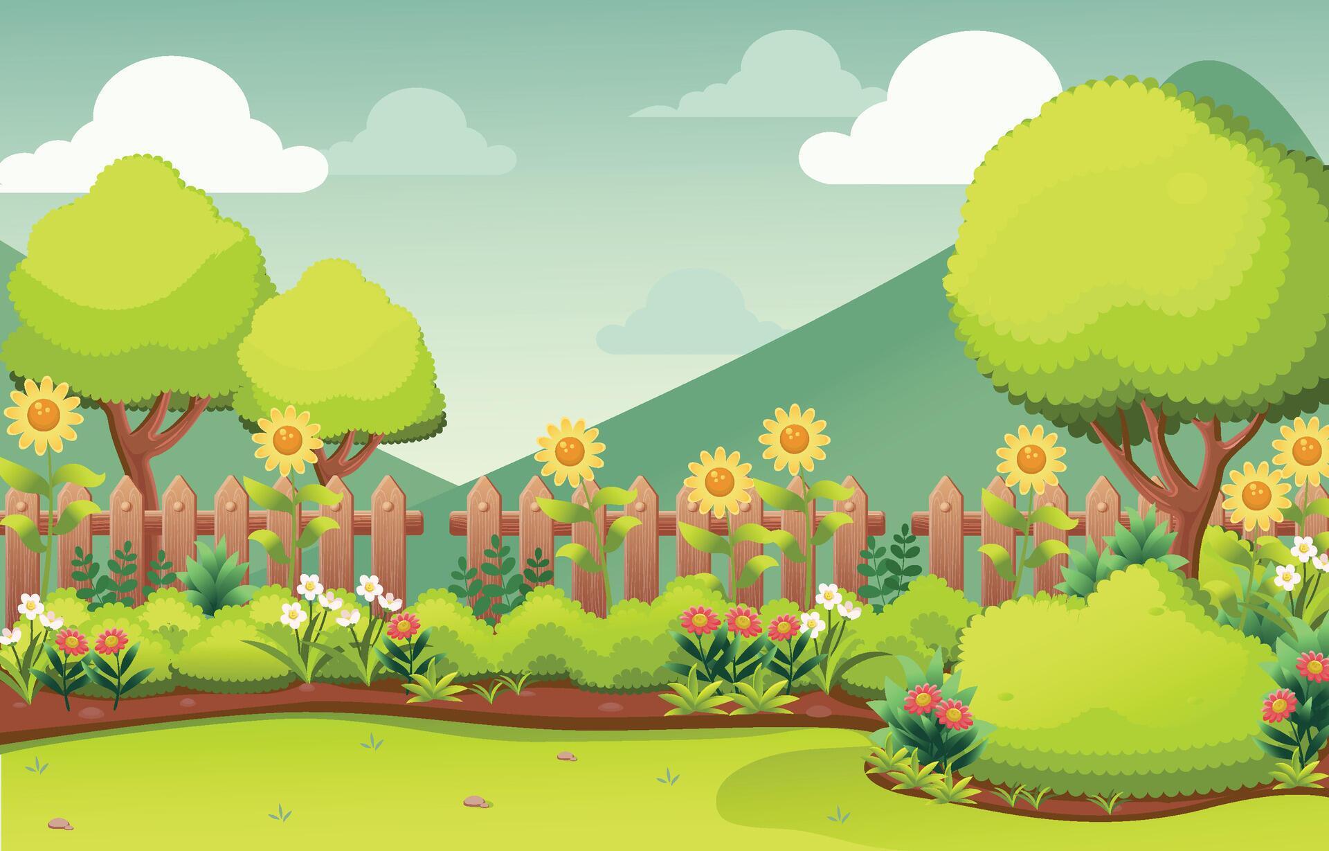 cartoon landscape with trees and flowers Stock Free