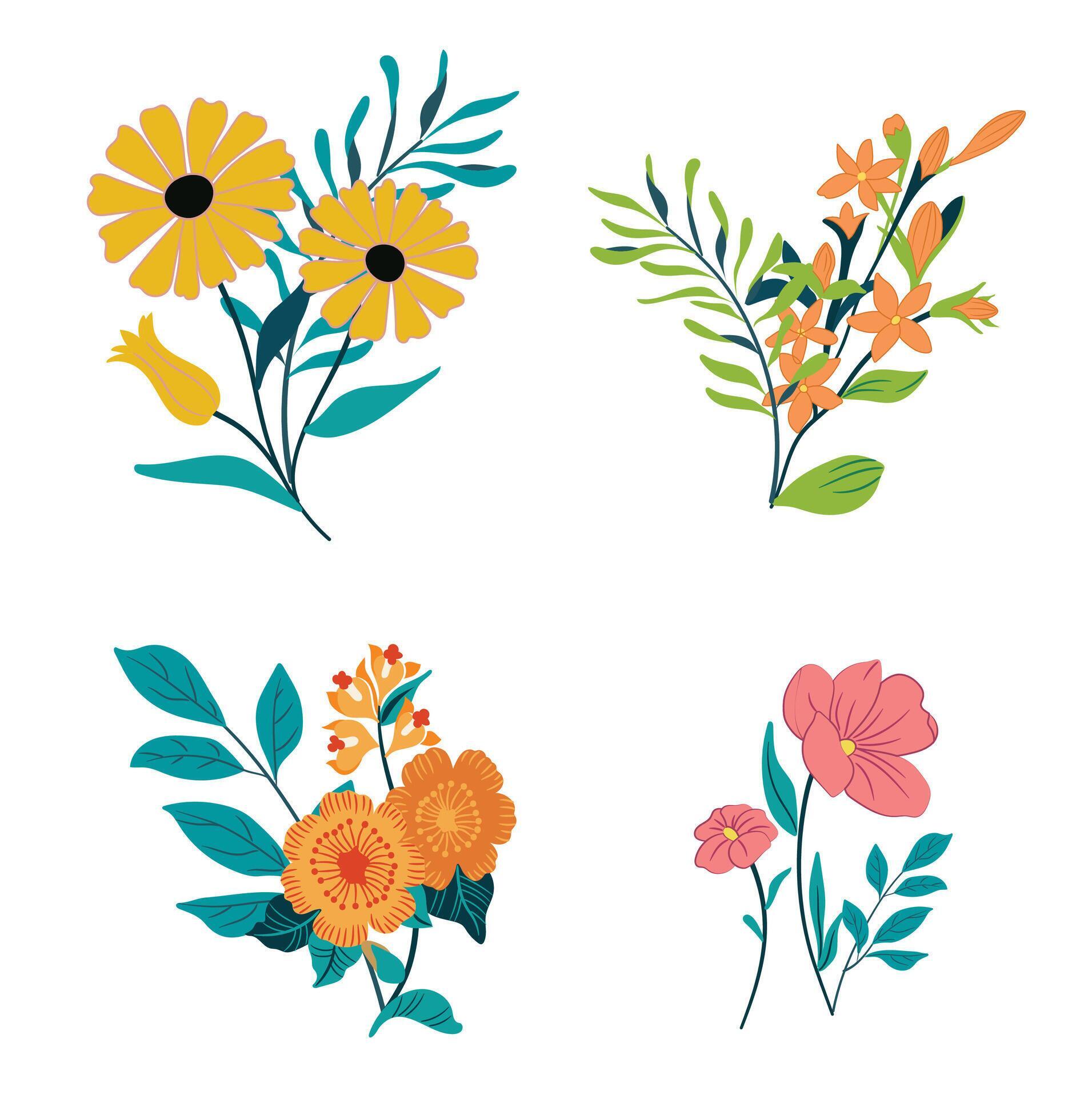 Beautiful romantic flower collection with leaves, floral bouquets. Vector flowers. Spring art print with botanical elements. Stock Free