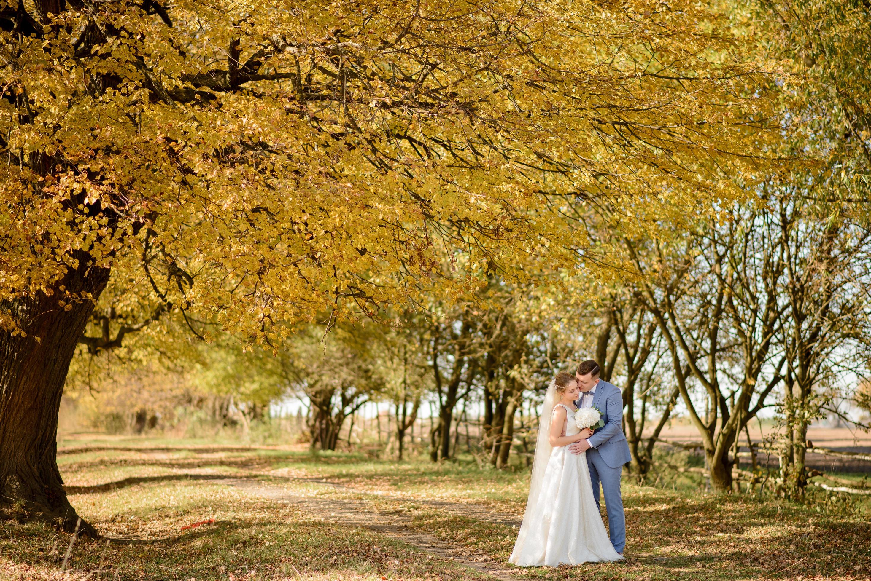 Young beautiful couple hugging in their wedding dresses in autumn park. Stock Free