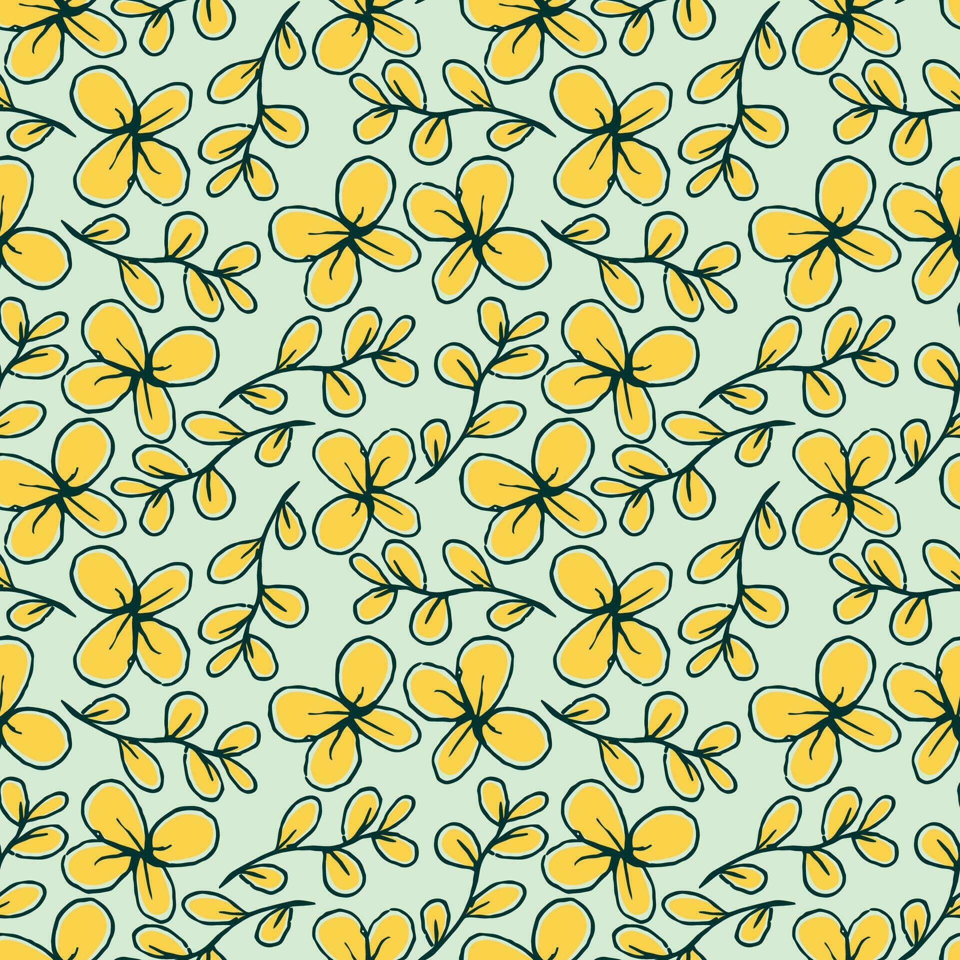 fresh green yellow nature foliage flower leaves repeat seamless pattern doodle cartoon style wallpaper vector illustration Stock Free