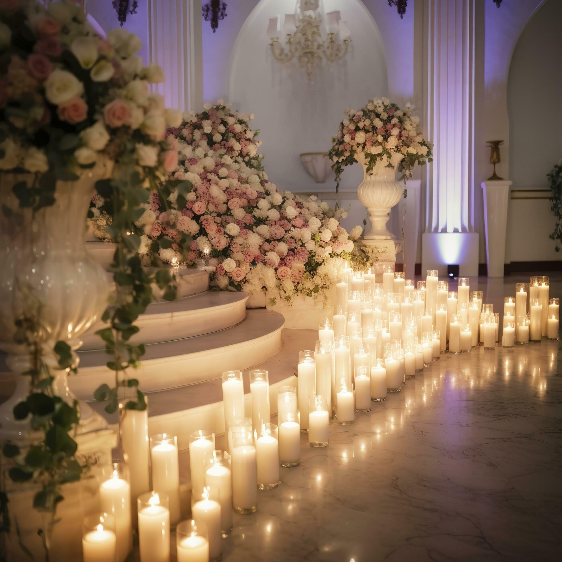 Magnificent decoration of a wedding ceremony with original details and candles,original colorful flowers ,lighting , generat ai Stock Free