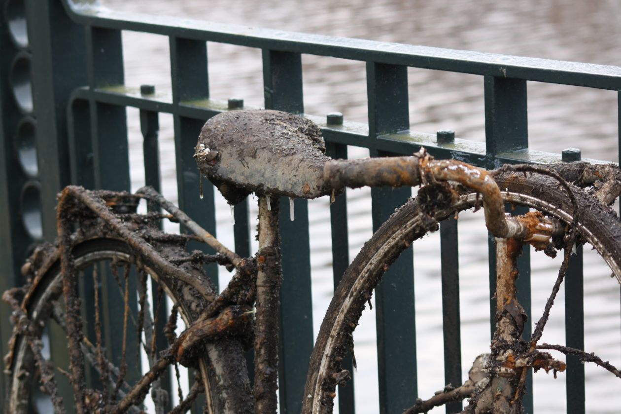 Muddy bike at canal Stock Free