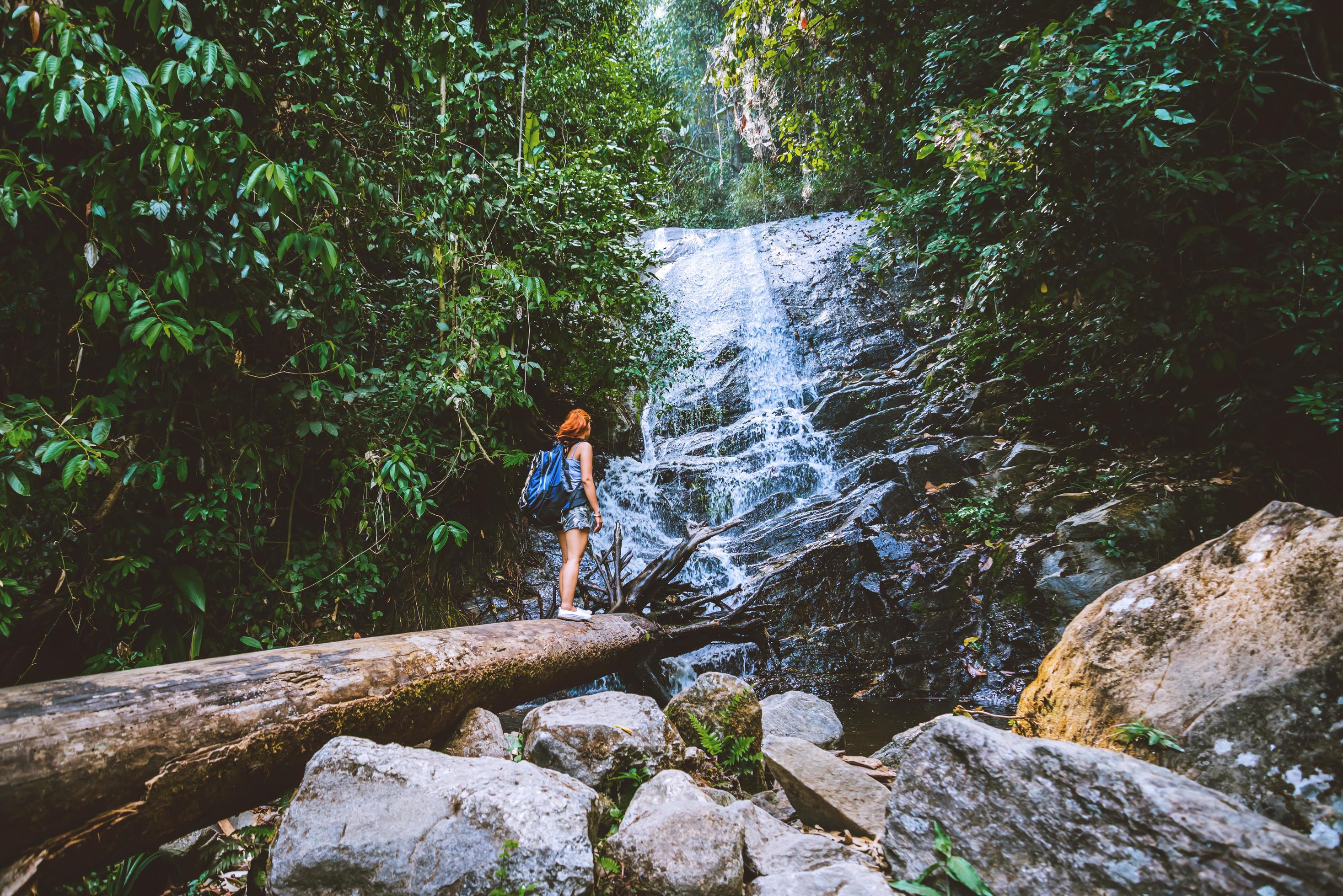 Women travel. woman asia travelers travel nature Forests, mountains, waterfalls. Travel Siliphum Waterfall at Chiangmai, in Thailand. Stock Free