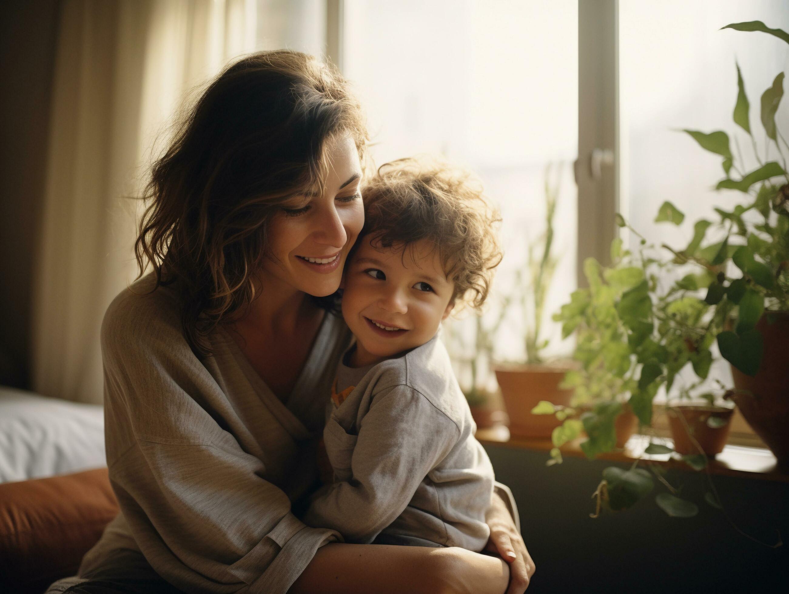 AI generated Happy mother and son hugging and enjoying together in living room, family time concept Stock Free