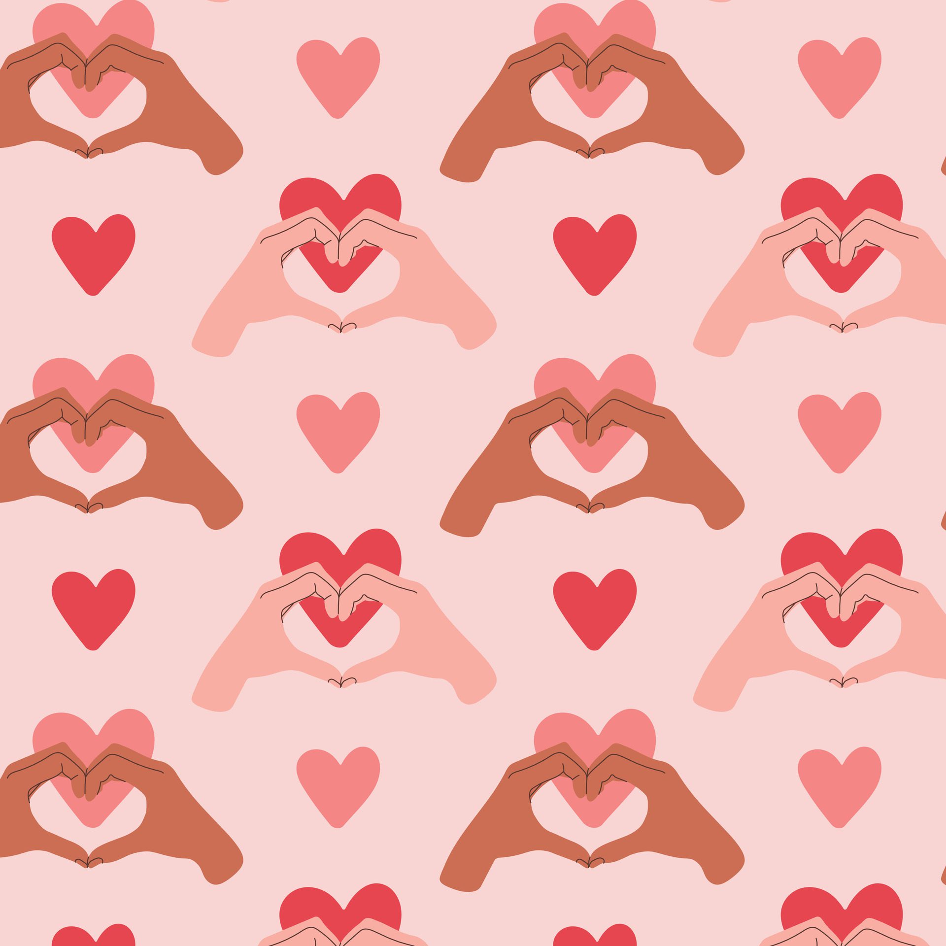 Human hands showing heart regular seamless pattern. Red and pink hearts on pink background. Doodle style. Colored flat graphic Free Vector