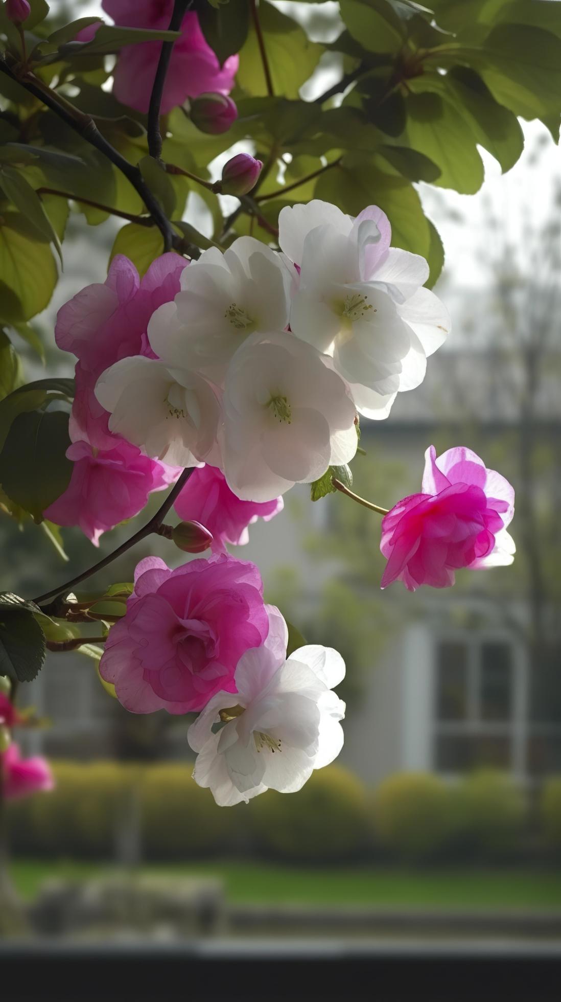 Chinese Suzhou garden, purple begonia flower, petals high definition, background blurred white walls and windows, soft beautiful light, generat ai Stock Free