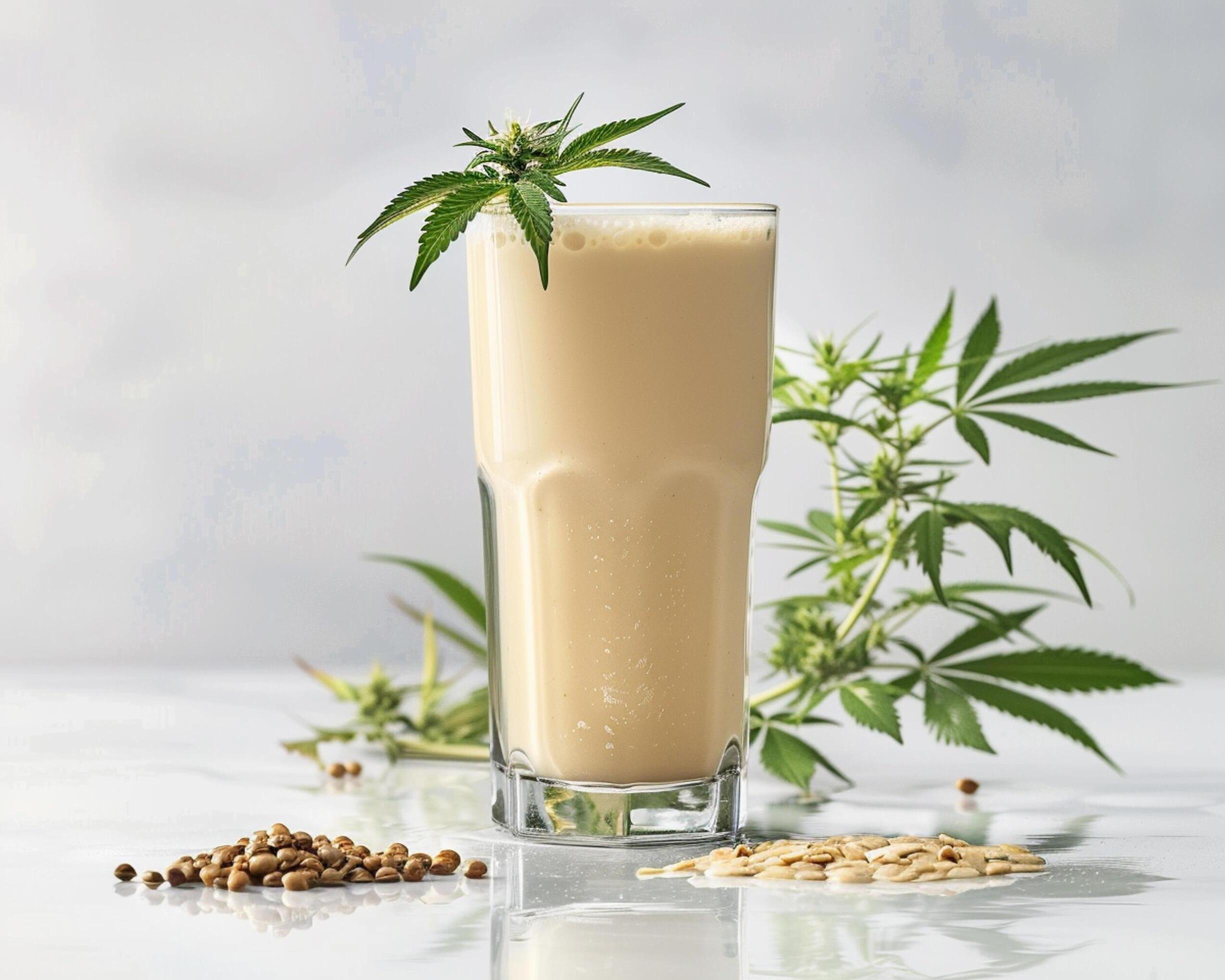 a glass of milk with a cannabis plant and seeds Stock Free