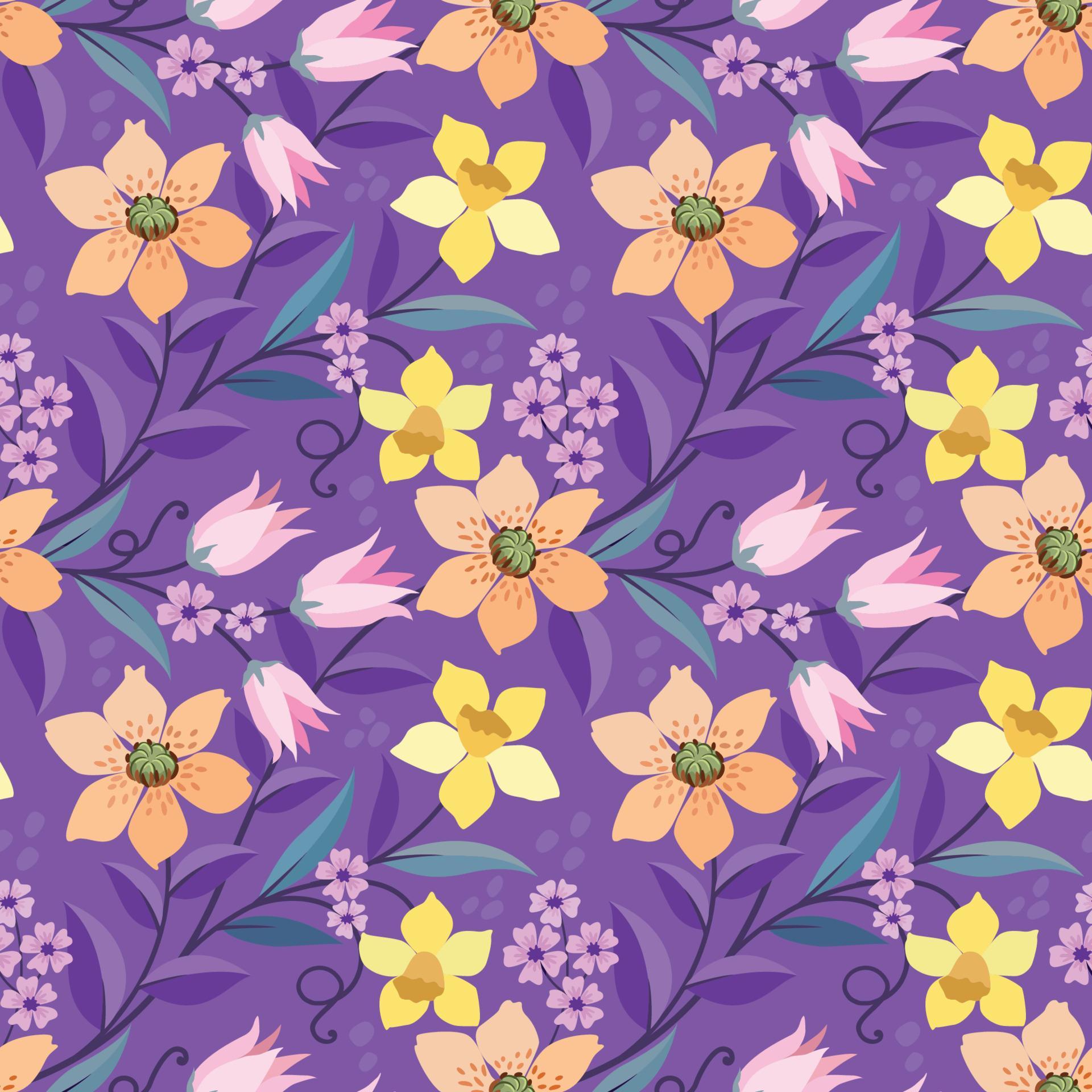 Colorful hand draw flowers on purple color background seamless pattern. Stock Free