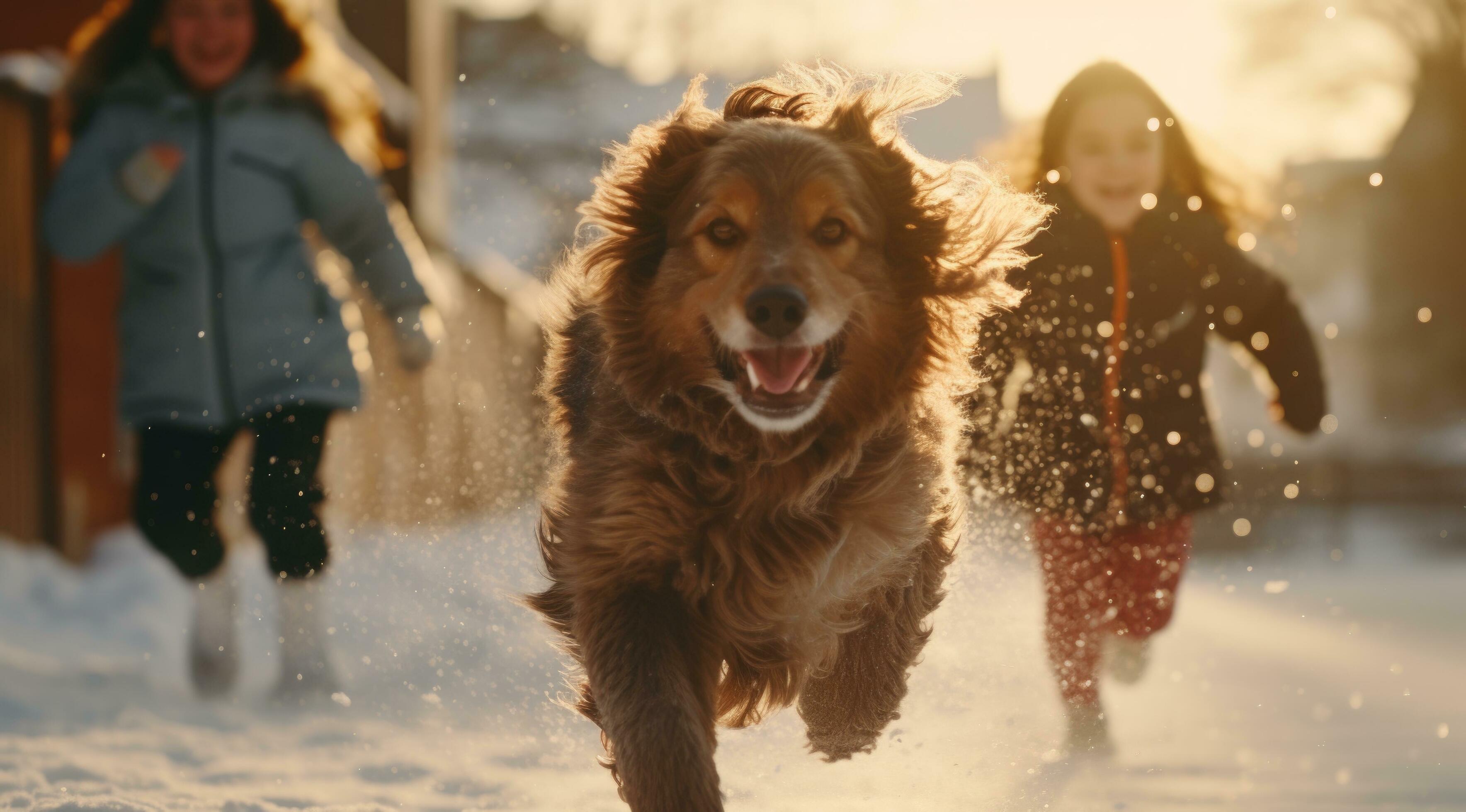 AI generated a family runs through snow with a dog Stock Free