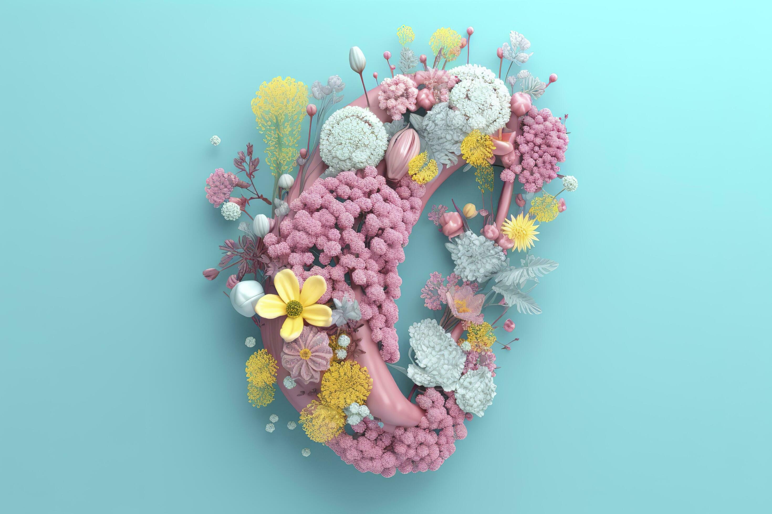 Human pancreas with flowers, pastel colors, on blue background, 3d render and illustration, generate ai Stock Free