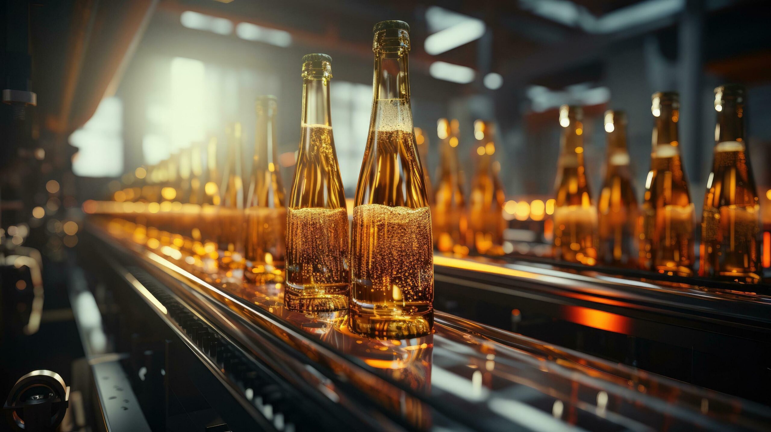 Glass beer bottles on a bottling conveyor line in a beverage brewery Free Photo