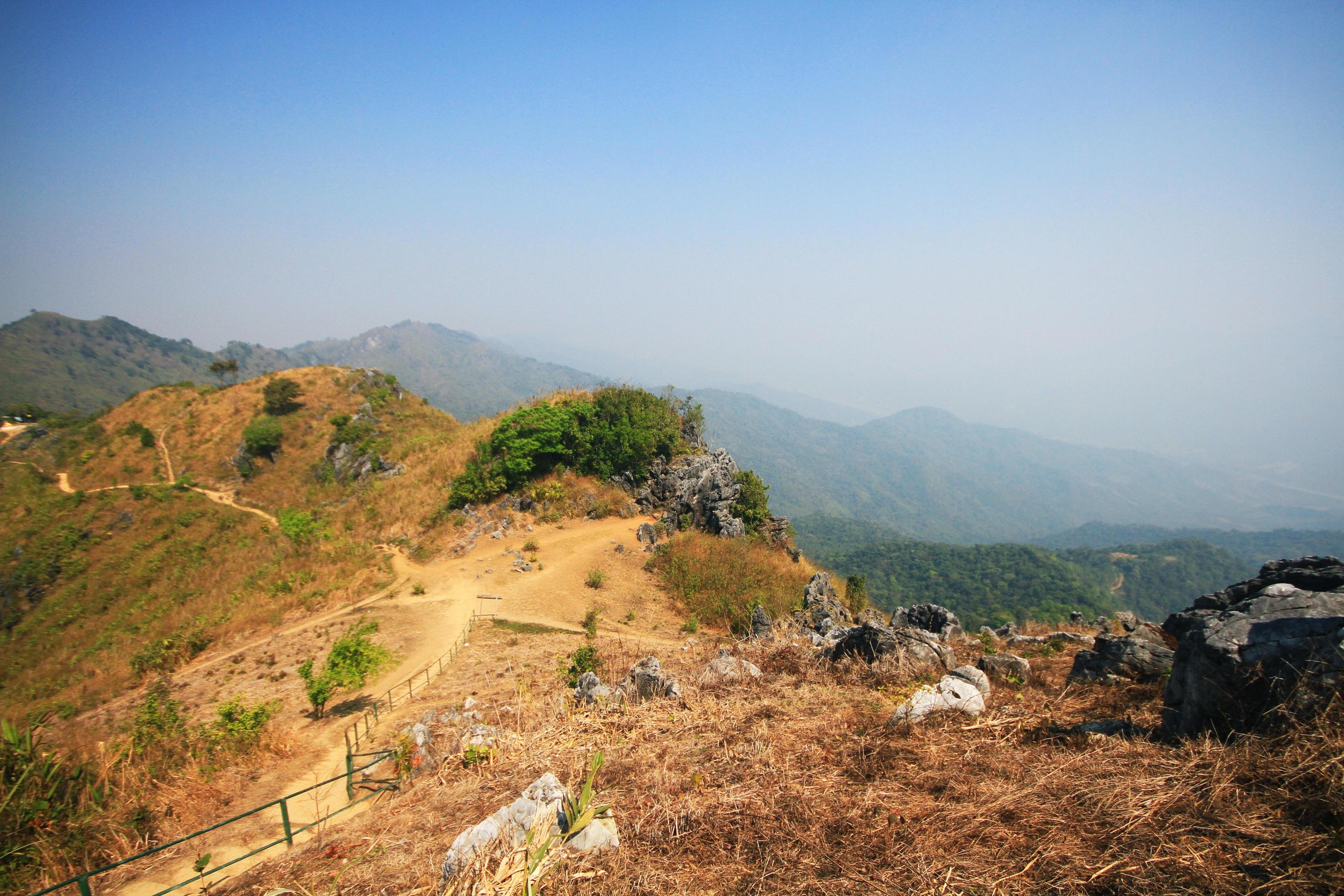 Dry grassland and wild with blue sky on the valley mountain at Doi Pha Tang hill in Thailand Stock Free