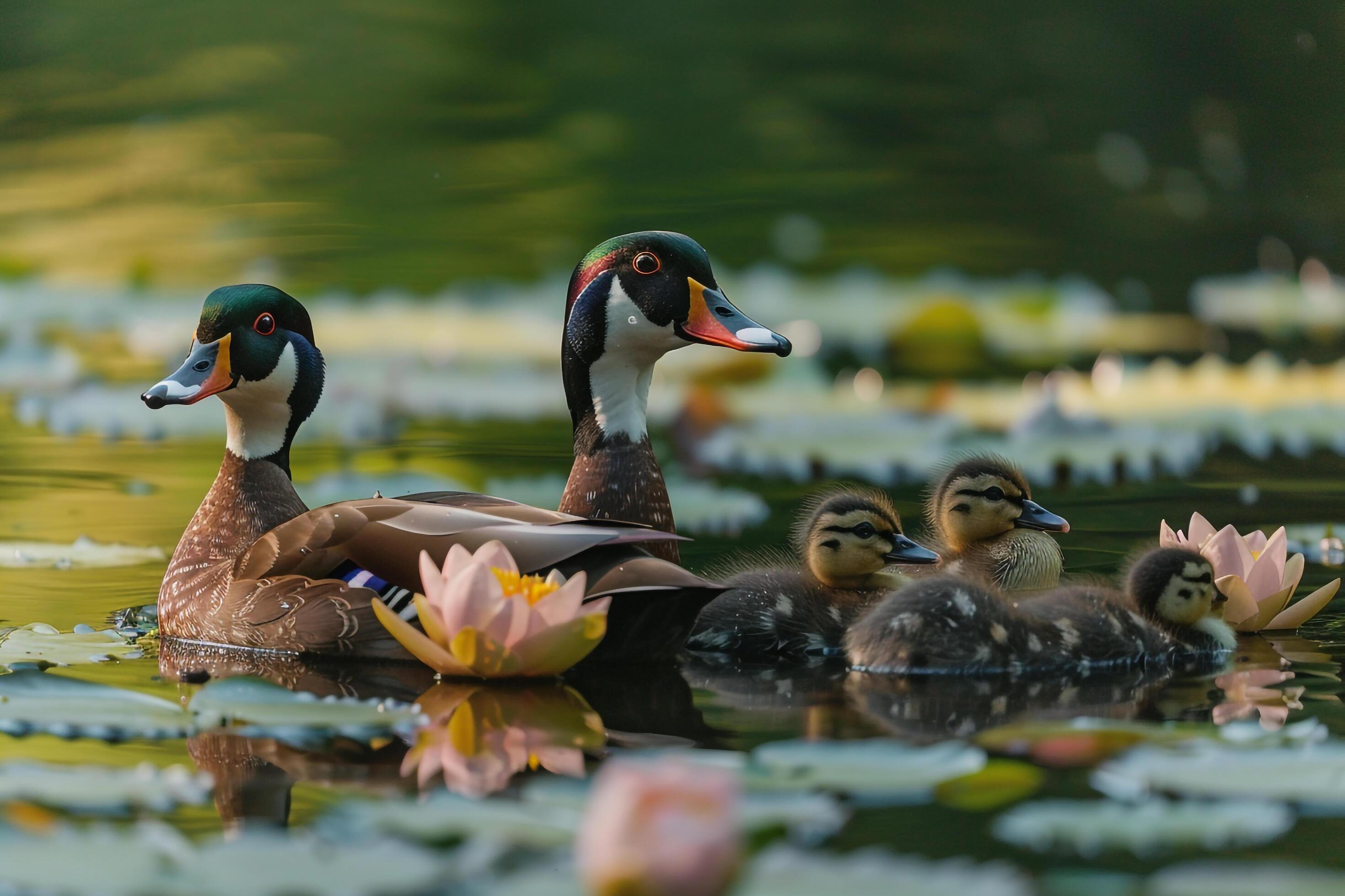 Wood Duck Family Swimming Among Lily Pads Background Nature Stock Free