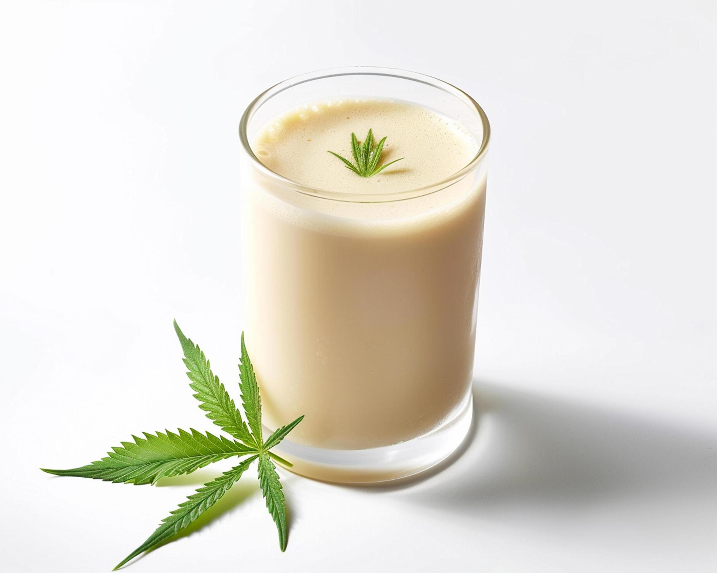 a glass of milk with a cannabis leaf on top Stock Free