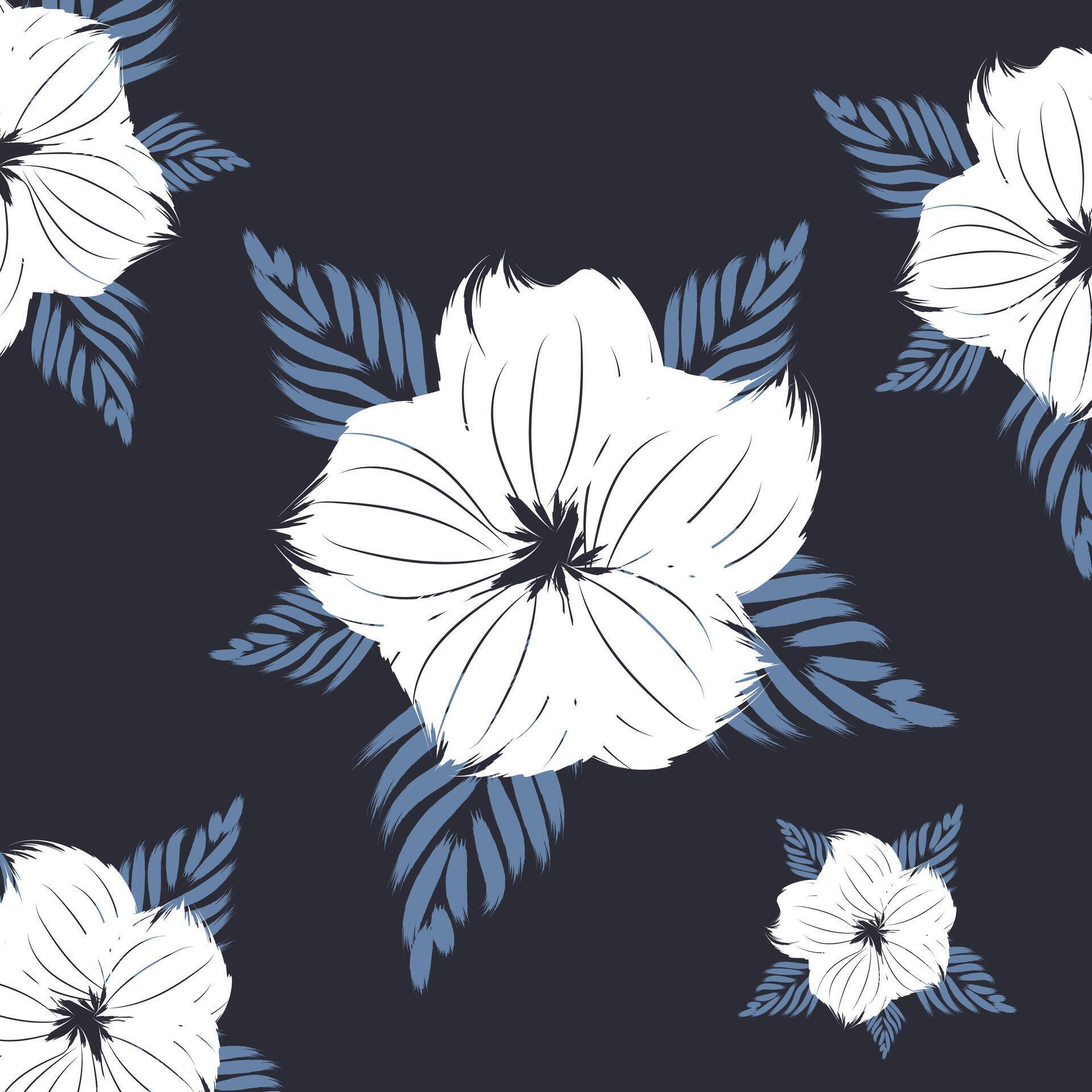 A White flowers draw praint style on a dark blue background. A traditional floral seamless pattern textile of flowers and leaves Stock Free