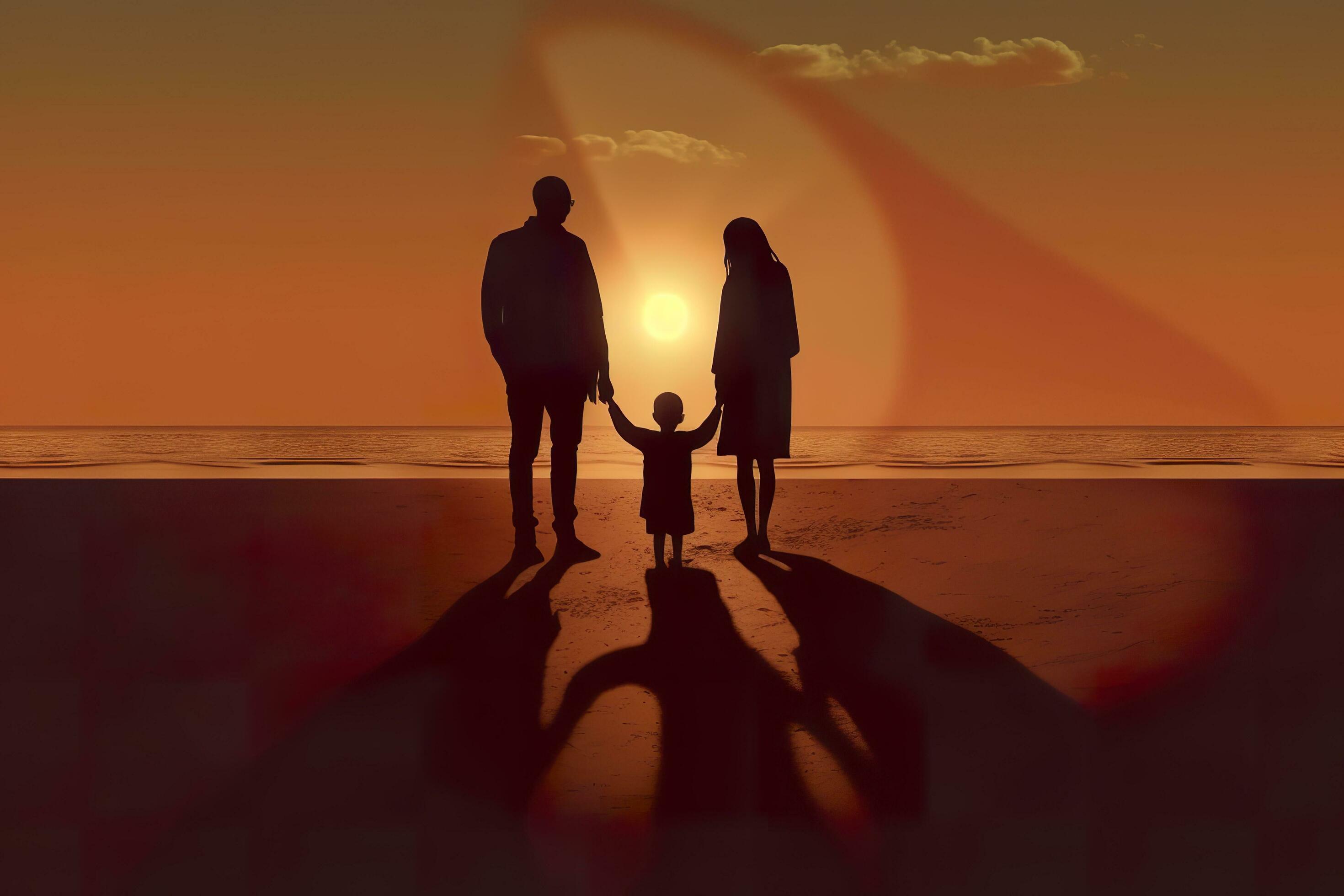 Shadow of Happy family together, parents with their little baby at sunset. A Silhouette of Love and Unity. AI Generative Stock Free