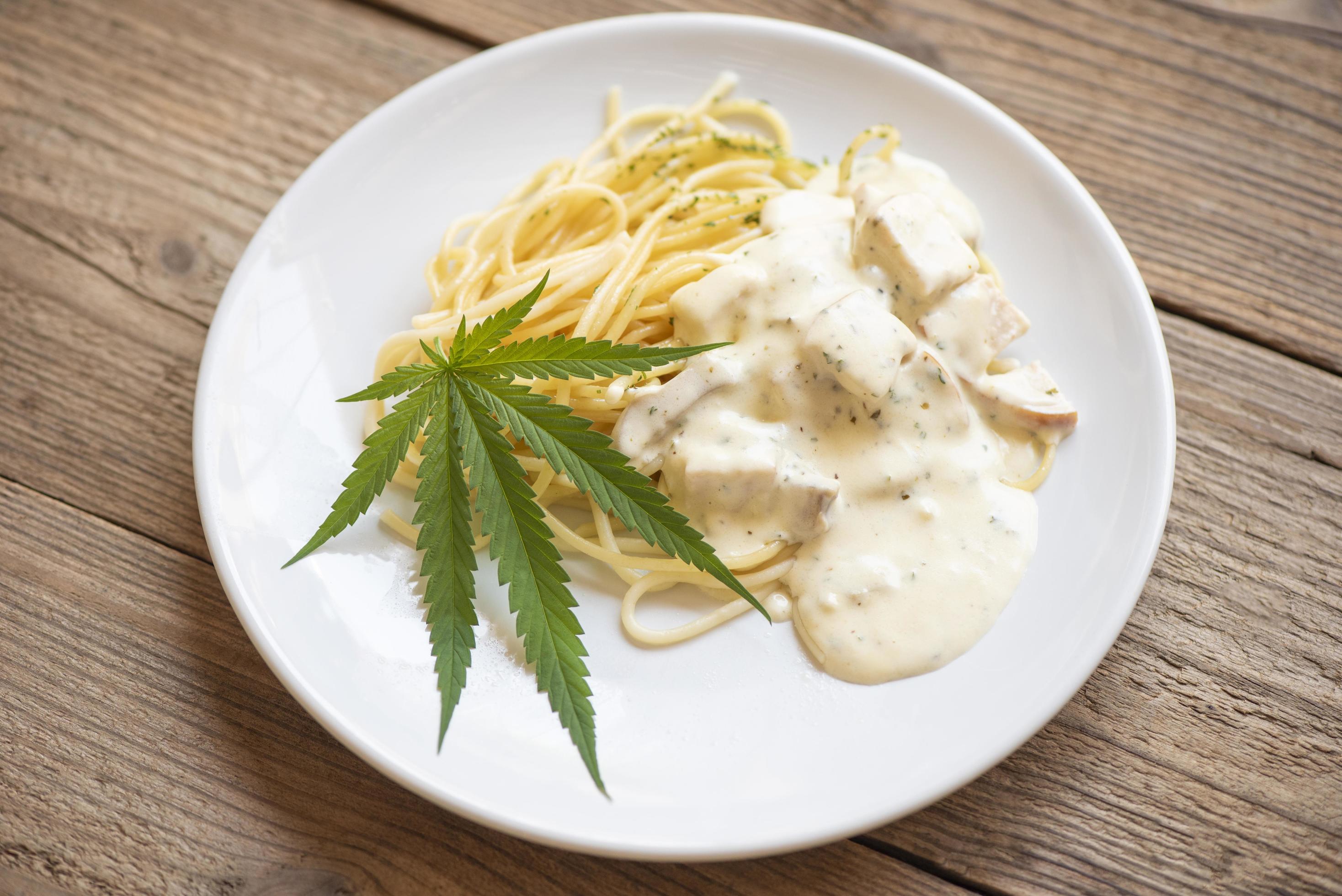 Cannabis food nature herb concept, Spaghetti carbonara on plate with cannabis leaf – marijuana leaves plant Stock Free