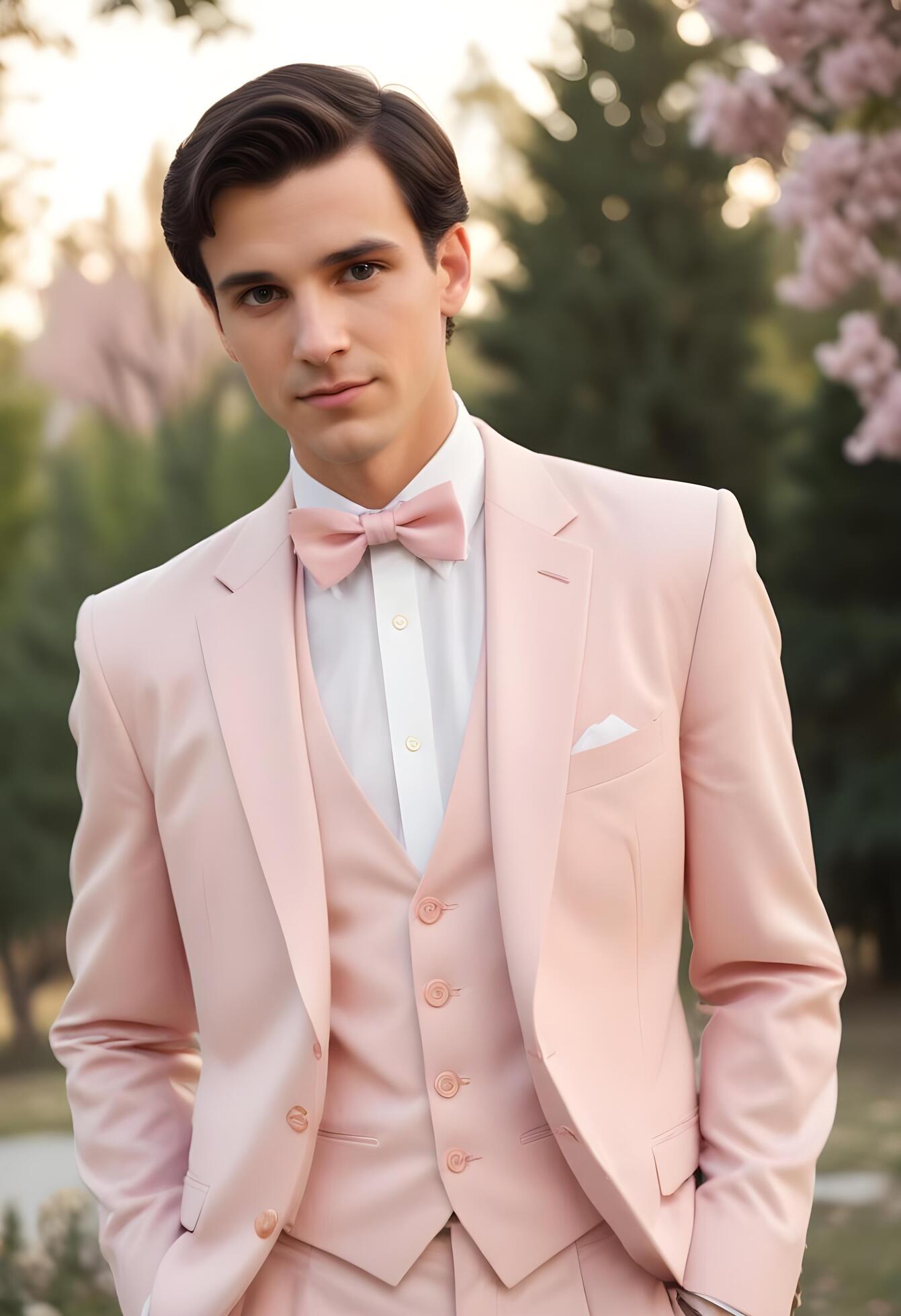 portrait of a handsome young man in pink suit and bow tie posing outdoor Stock Free