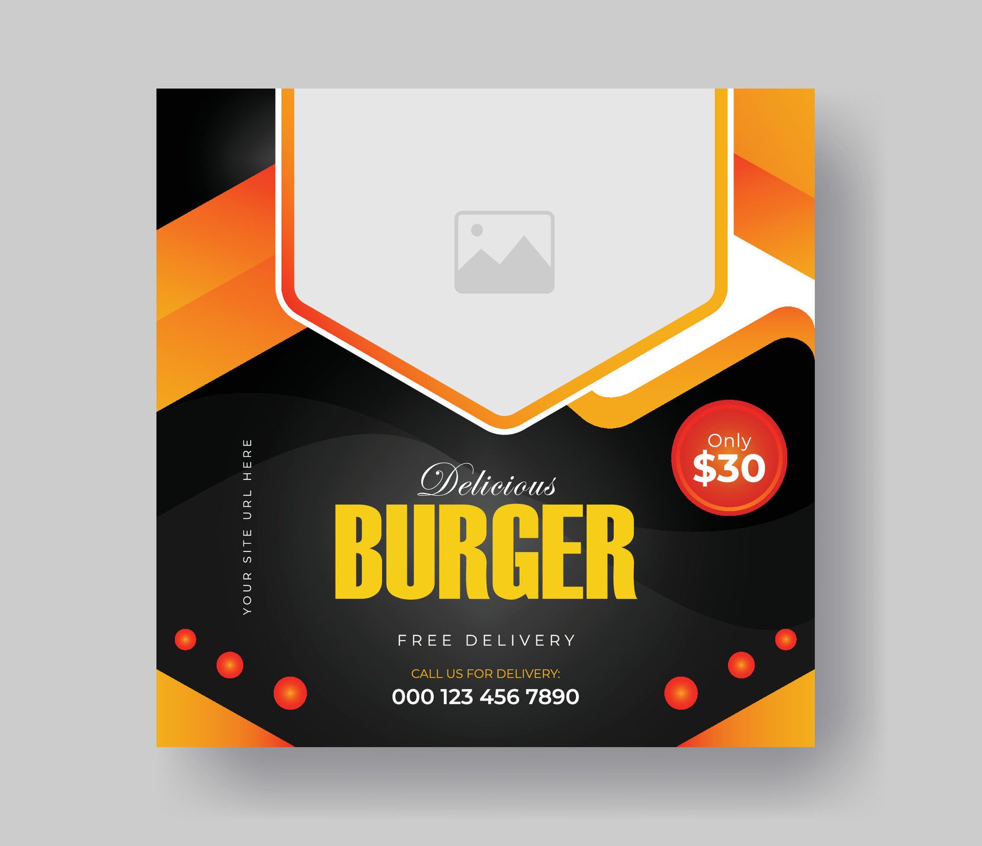 Burger food post online advertising promotion banner business vector layout design with colorful gradient shape and element. Free Vector