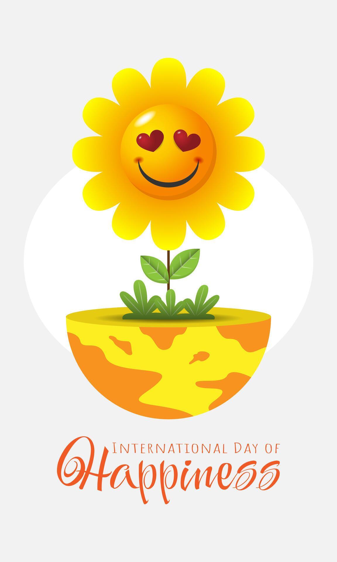 International Day of Happiness poster with a happy flower growing on earth Stock Free