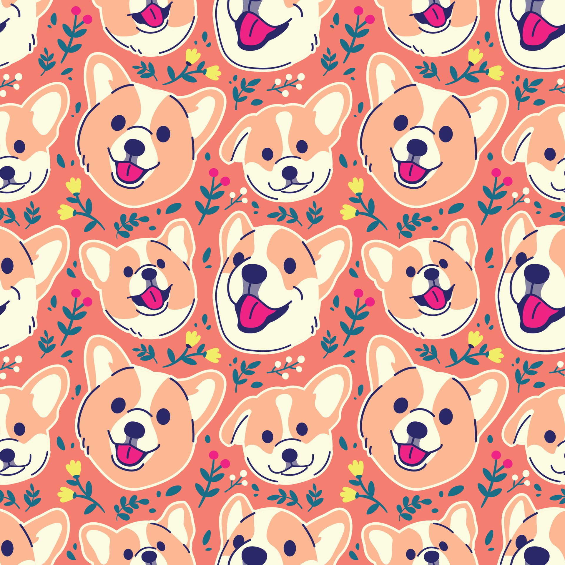 CUTE CORGI HEAD WITH FLORAL SEAMLESS PATTERN Free Vector