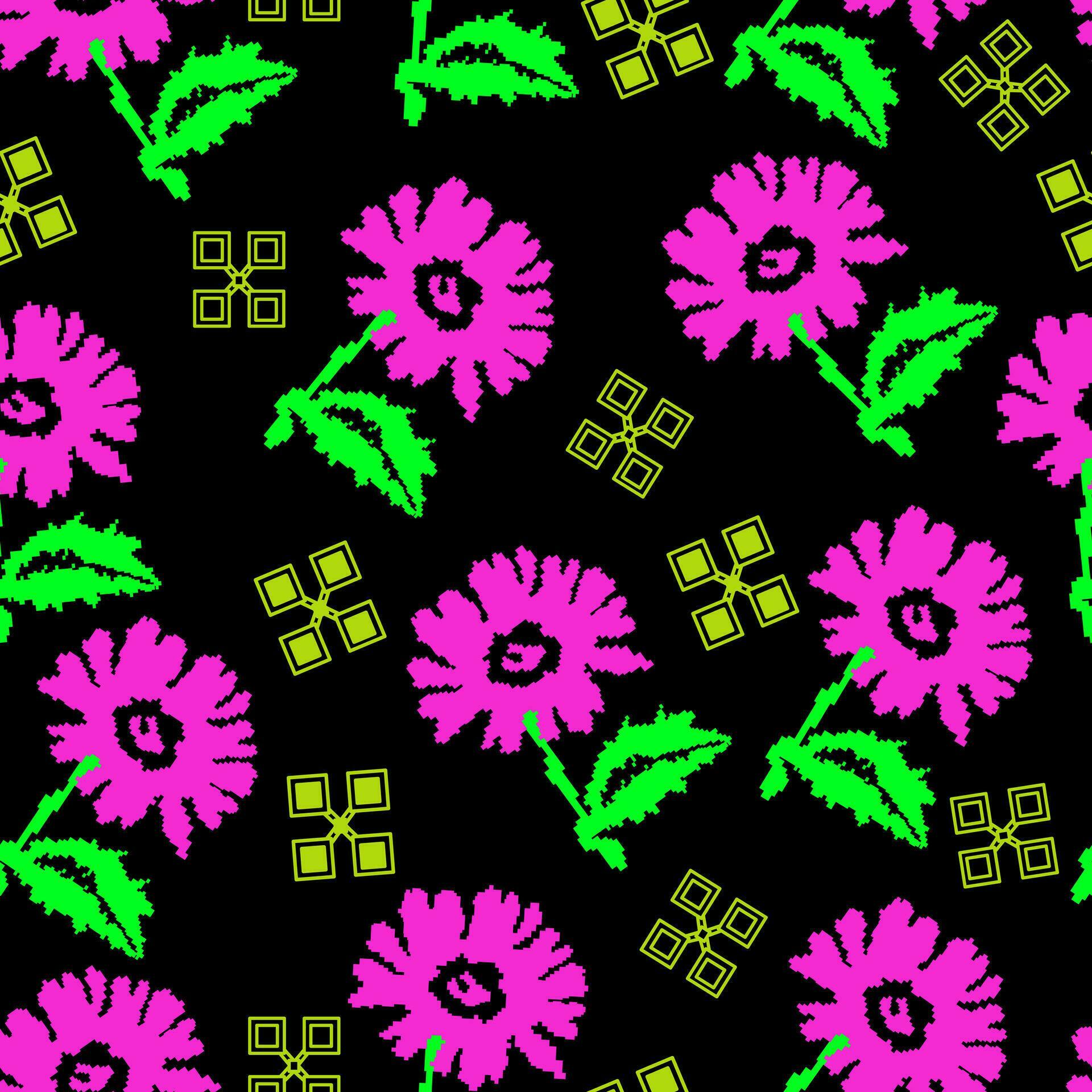 Pattern pink flowers pixel art. Pixel y2k shapes, trendy elements in vaporwave acid style. Universal geometric shapes flowers Stock Free