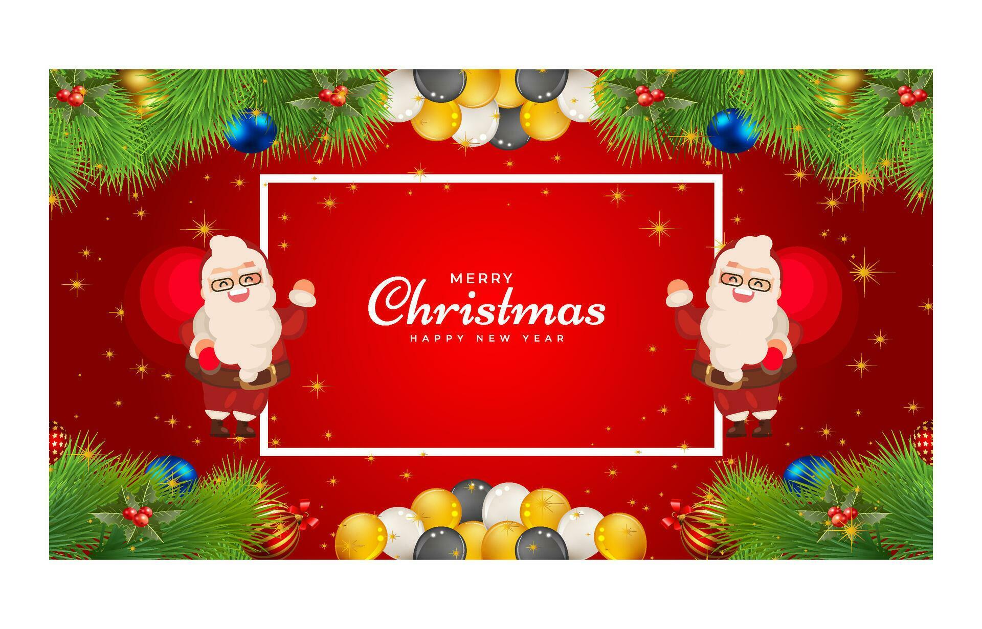 Merry Christmas and Happy New Year. Xmas background banner with Christmas flower, tree, star, balls and golden decoration design. Stock Free