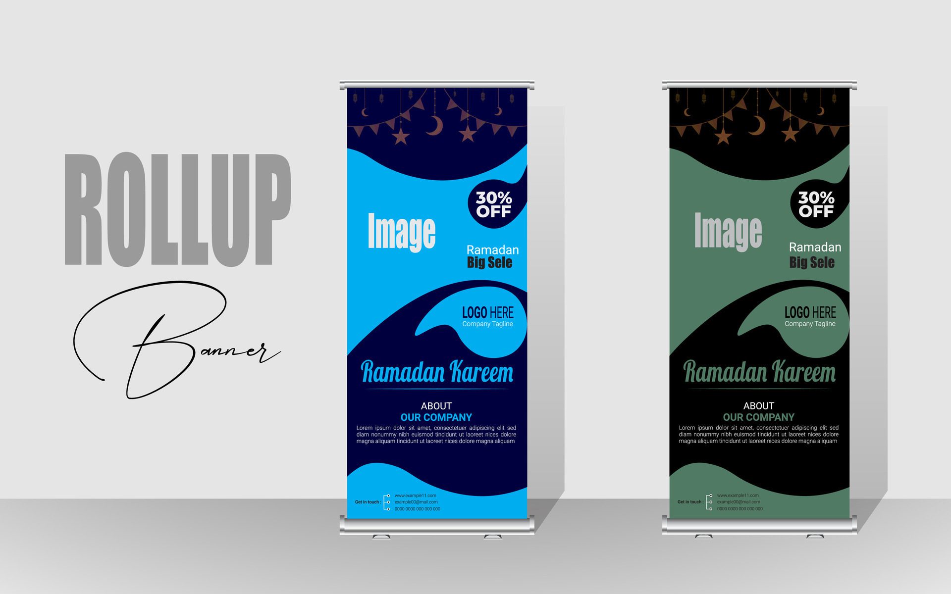 Roll up banner with a happy Ramadan design. unique meal banner for Ramadan. Rollup template for food menus. Free Vector