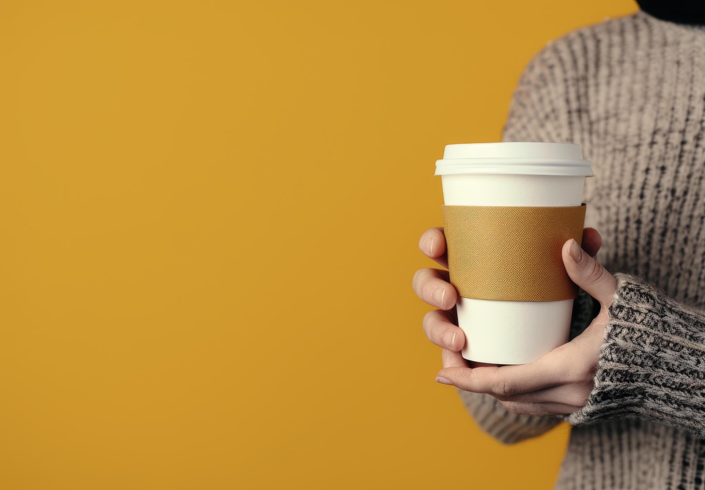 Warm Drink Held Against Yellow Background in Cozy Indoor Setting Stock Free