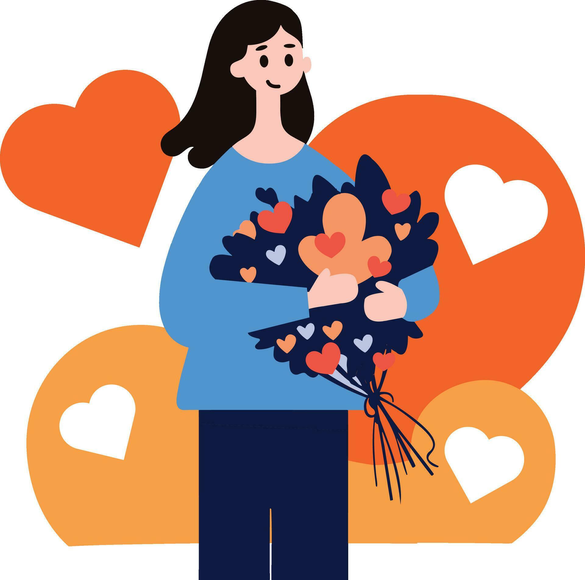 a woman holding bouquet of flowers in flat style isolated on background Stock Free