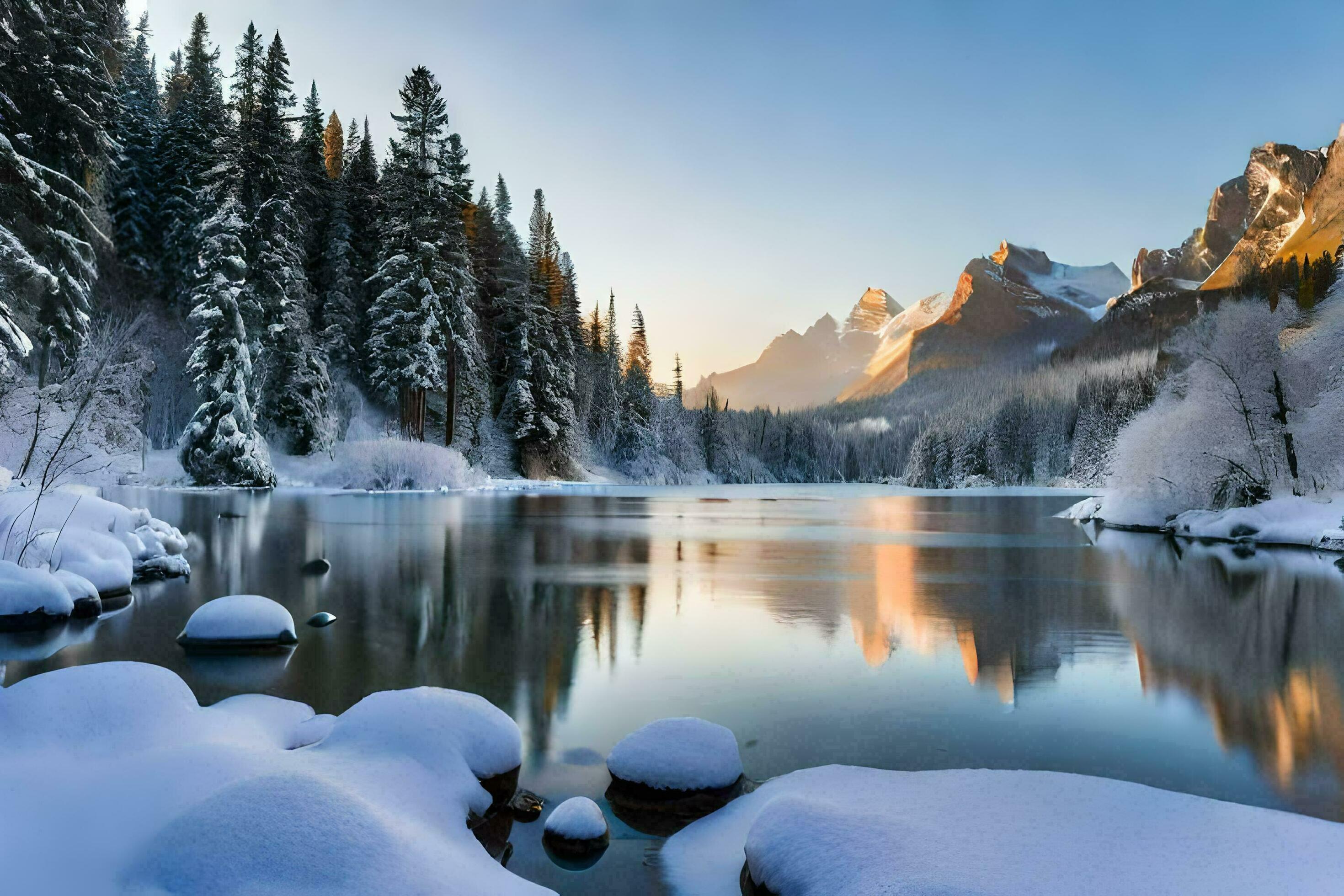 landscape snowy mountain with lake ai generate Stock Free