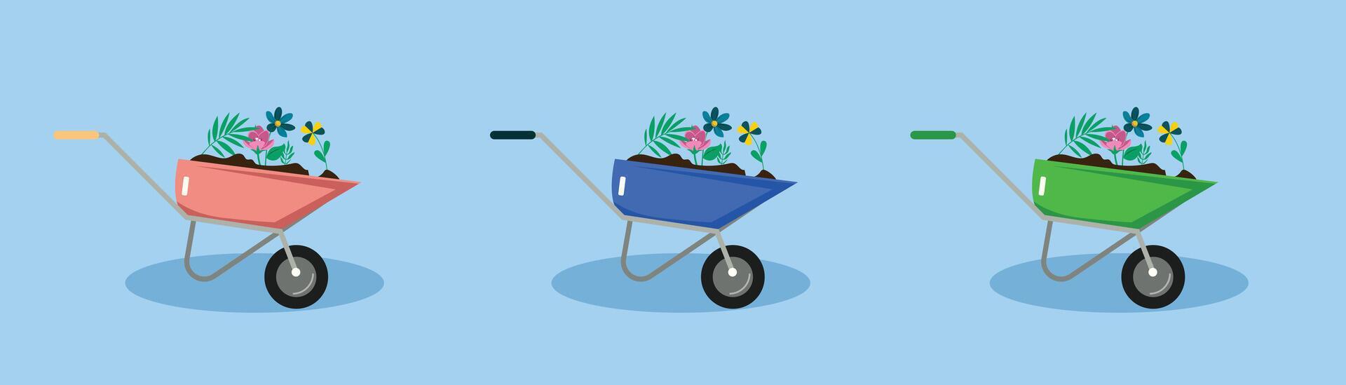 cartoon collection of spring plant cart with 1 wheel carrying flowers and plants in spring for planting, design elements for spring celebrations Stock Free