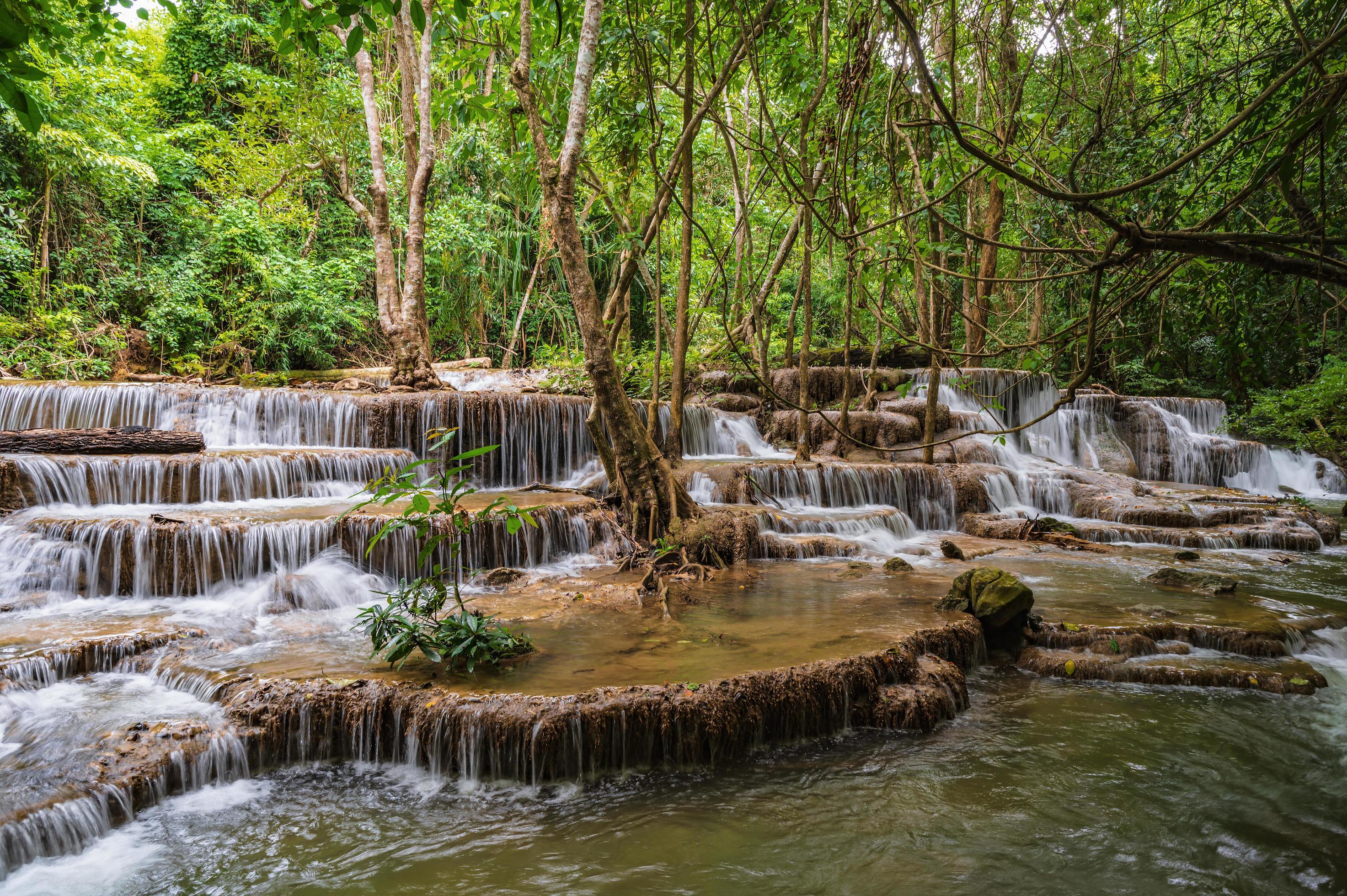 Landscape of Huai mae khamin waterfall Srinakarin national park at Kanchanaburi thailand.Huai mae khamin waterfall sixth floor Dong Phi Sue Stock Free