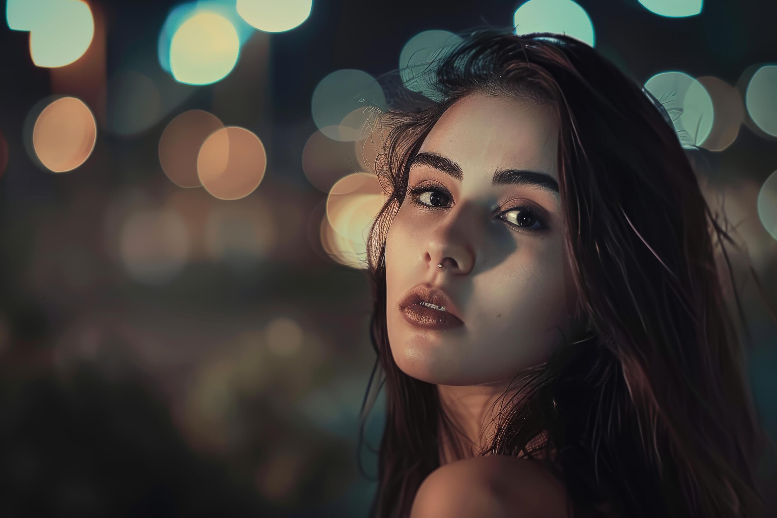 Portrait of a Young Woman at Night With City Lights Background Stock Free